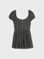Celine Celine Dress, Print, Silk Georgette Balloon Sleeves Mini Dress In Black & Vanilla w/ Polka Dots Print