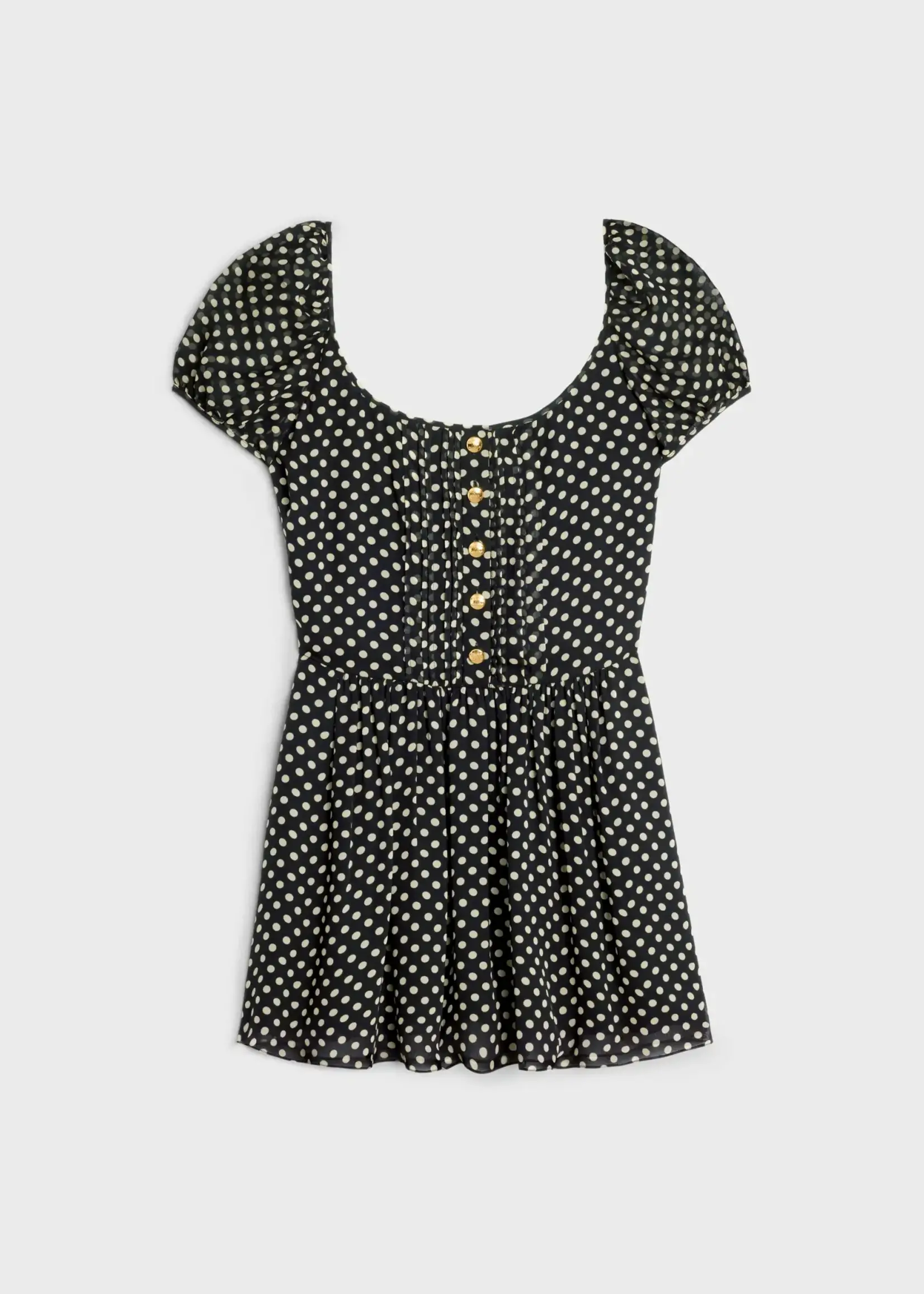 Celine Celine Dress, Print, Silk Georgette Balloon Sleeves Mini Dress In Black & Vanilla w/ Polka Dots Print