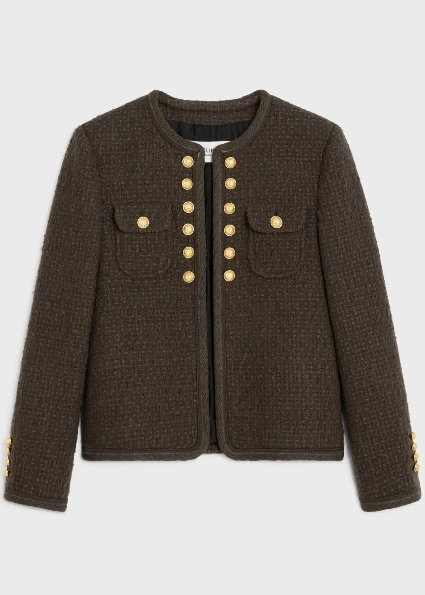 Celine Celine Jacket, Brown, Braided Boucle Chelsea Wool & Cotton Mix Crew Neck Jacket In Dark Brown w/ Gold Buttons