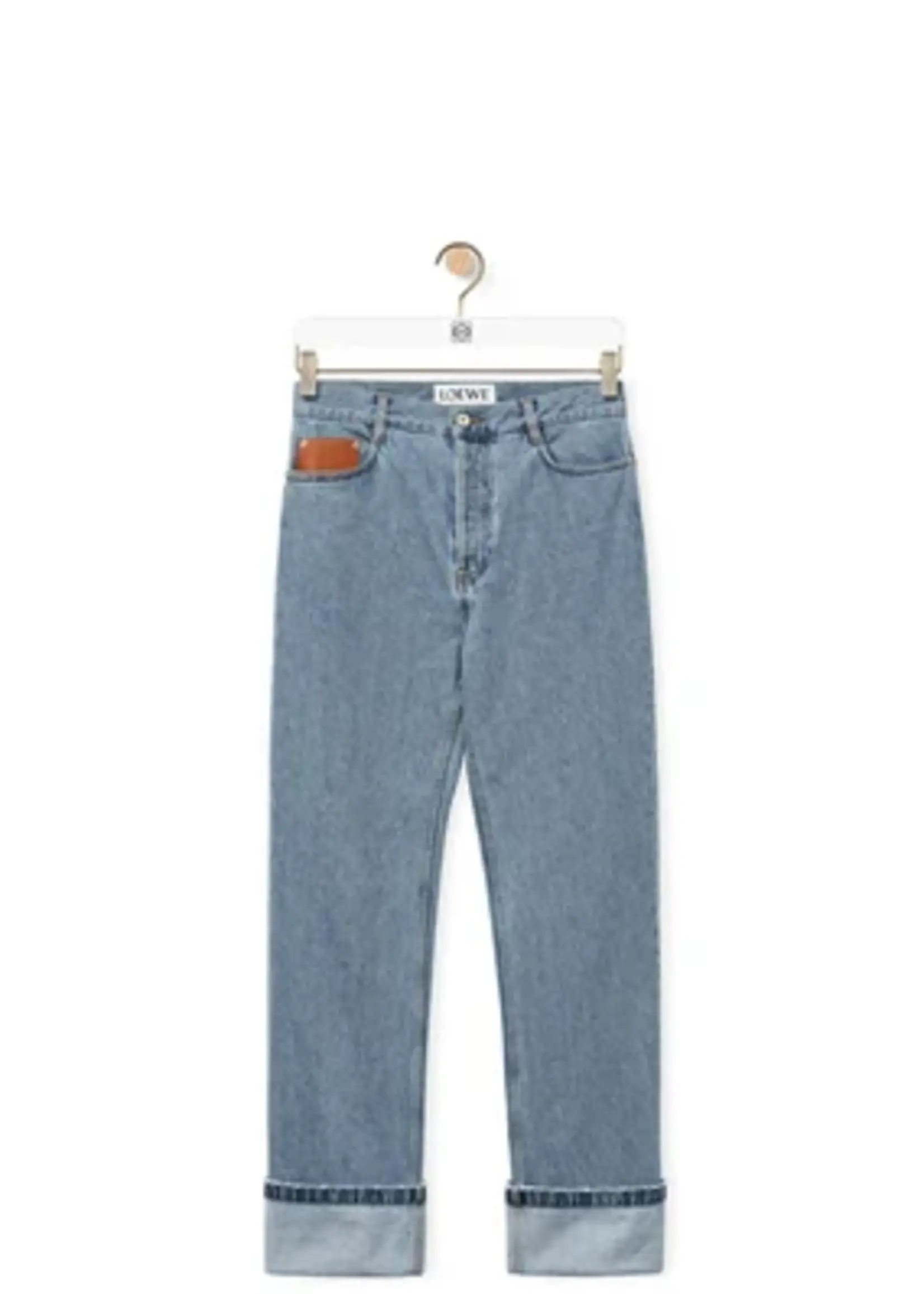 Loewe Loewe Jeans, Blue, Fisherman Cotton Mid Rise Straight Leg Denim Pants In Light Denim w/ Turn Up Cuffs