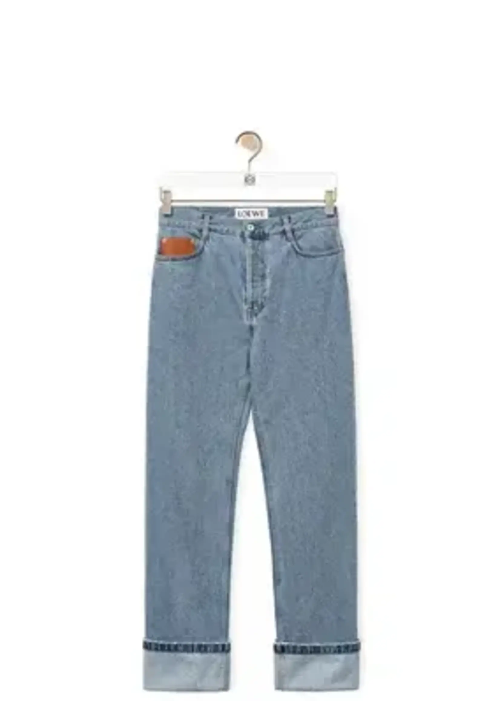Loewe Loewe Jeans, Blue, Fisherman Cotton Mid Rise Straight Leg Denim Pants In Light Denim w/ Turn Up Cuffs