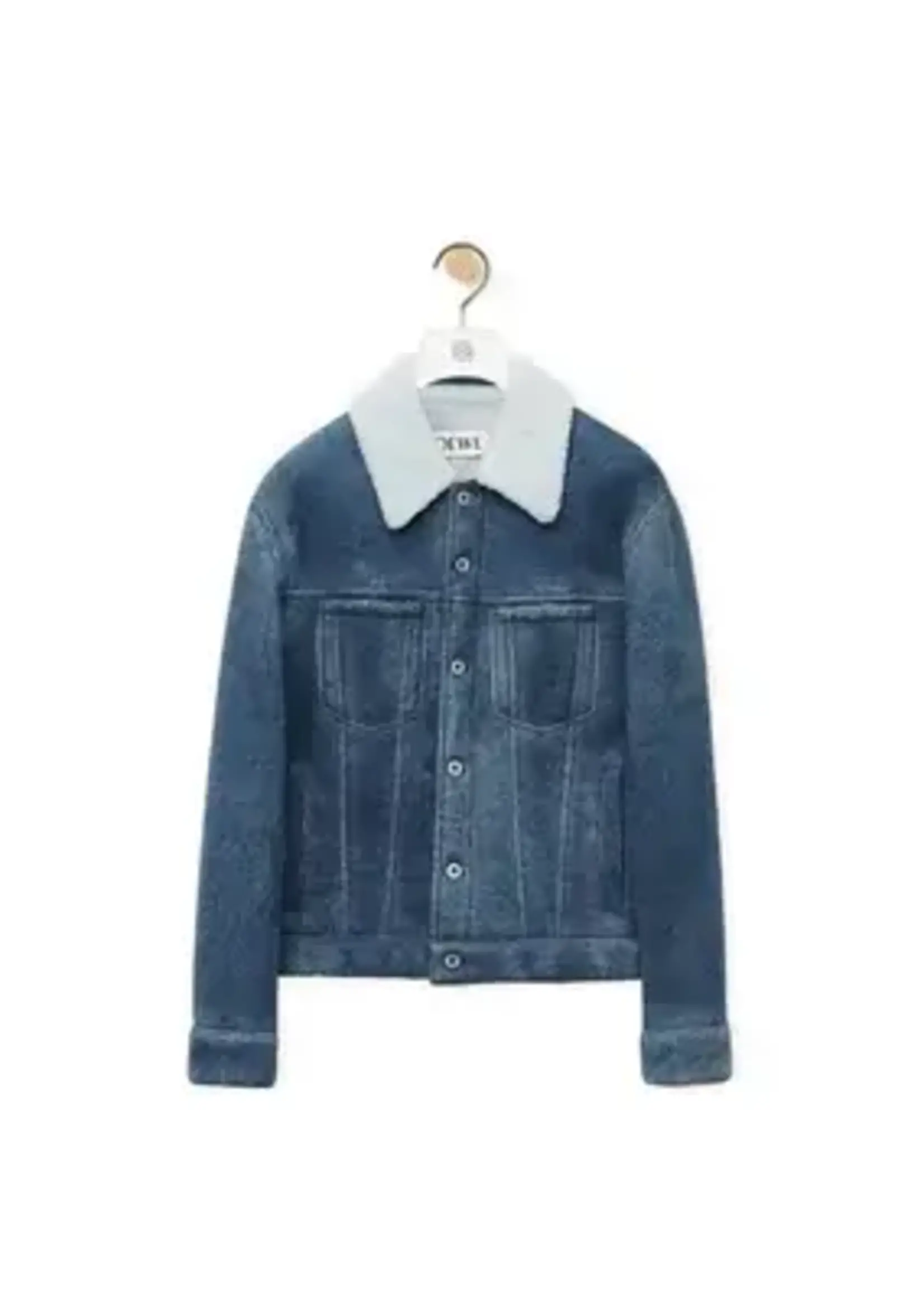 Loewe Loewe Jacket, Blue, Lamb Leather Collared Button Up Shearling Denim Jacket In White & Indigo Blue