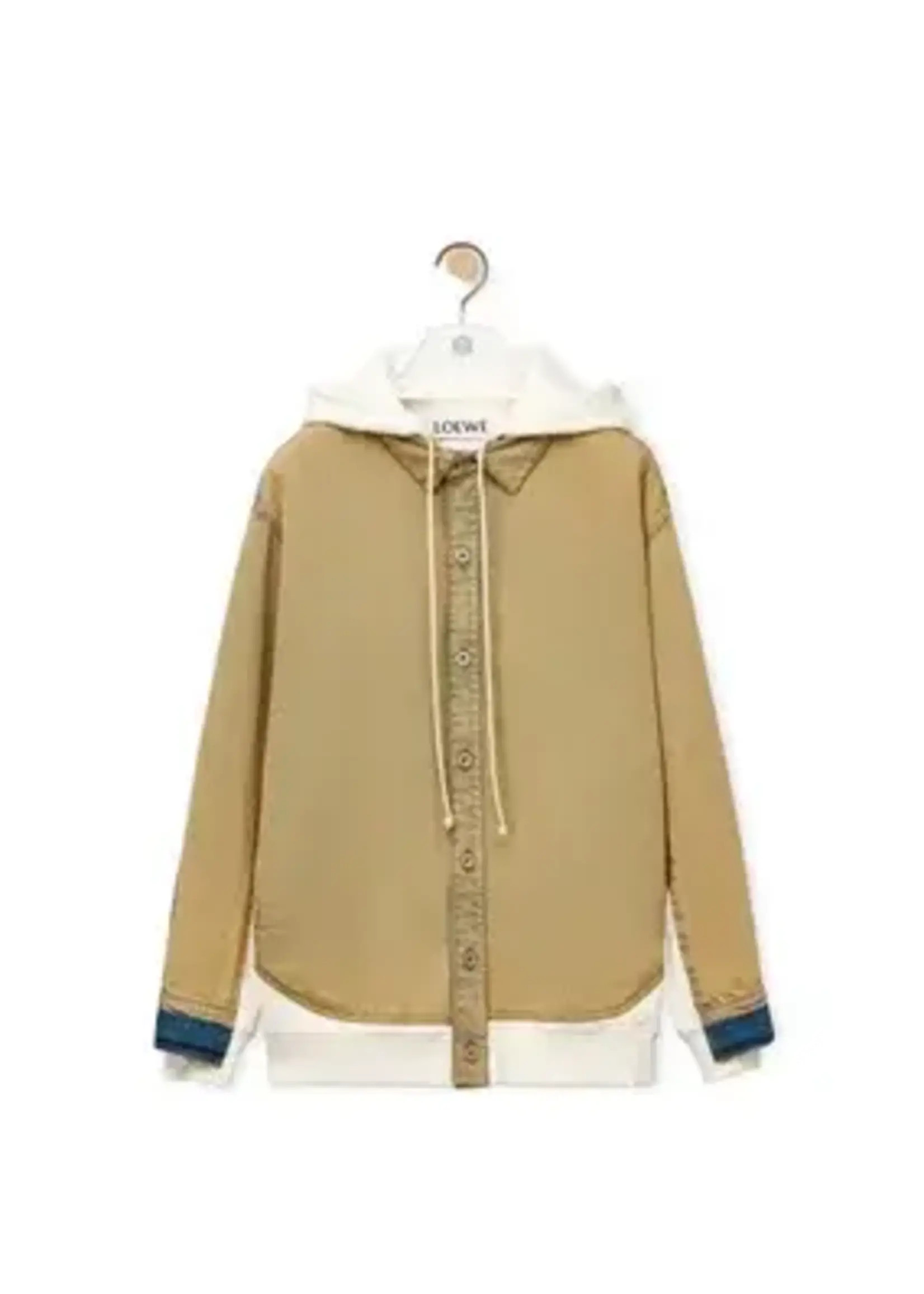 Loewe Loewe Jacket, Beige, Cotton Relaxed Fit Hooded Button Up in Tea Wash w/ Denim Top Layer