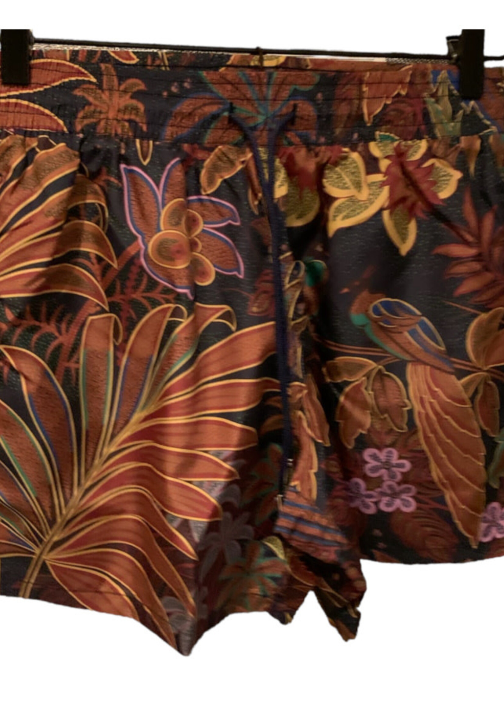 Etro Etro Swimwear, Print, Regular Fit Drawstring Waist Swim Shorts in Navy Blue & Brown w/ Floral & Jungle Print