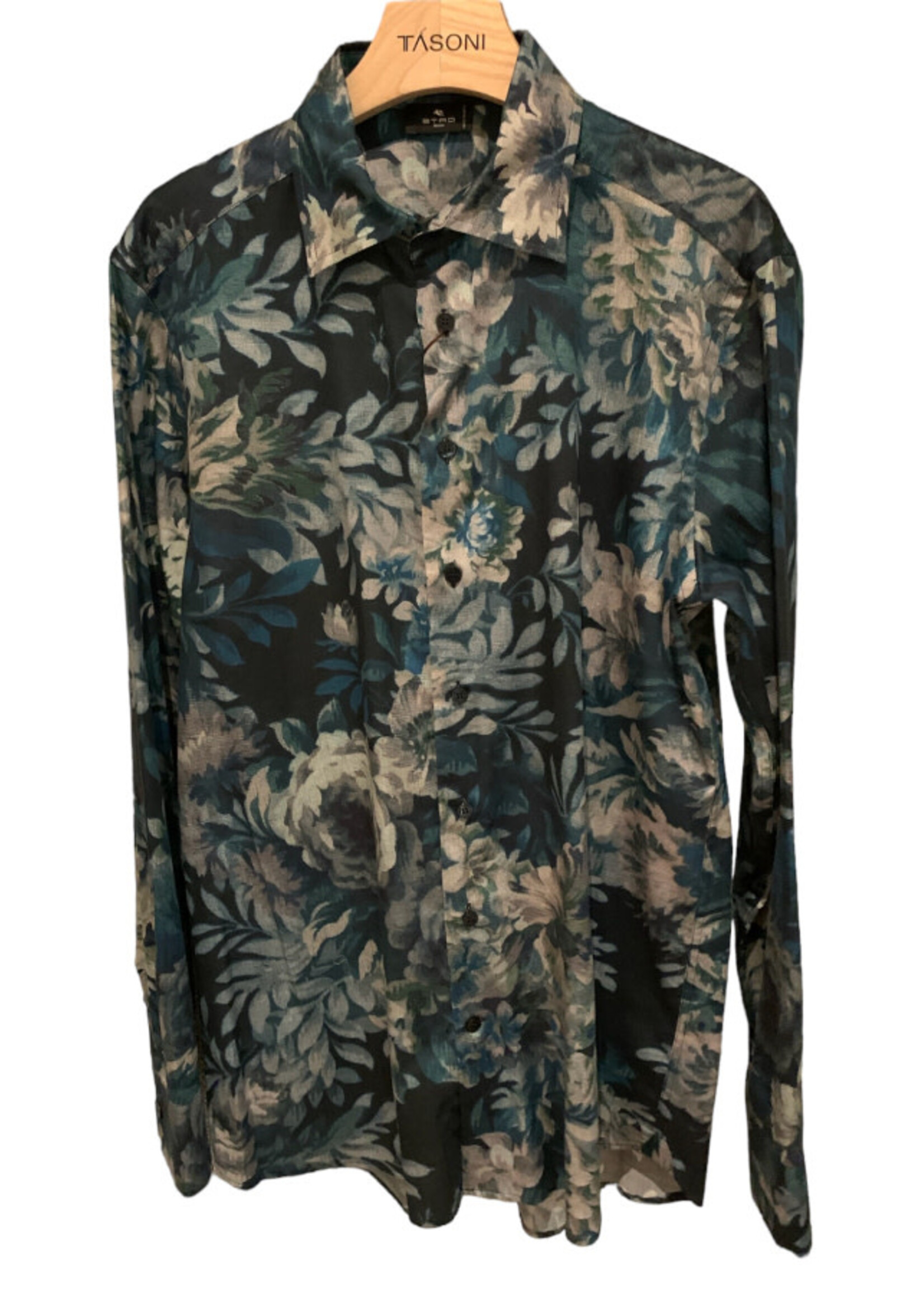 Etro Etro Shirt, Print, Cotton Regular Fit Collared Button Up In Blu w/ Floral Print