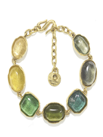 Goossens Goossens Bracelet, Multi, Gold Pleated Brass Cabochons Crystal Rock Bracelet in Green Rainbow