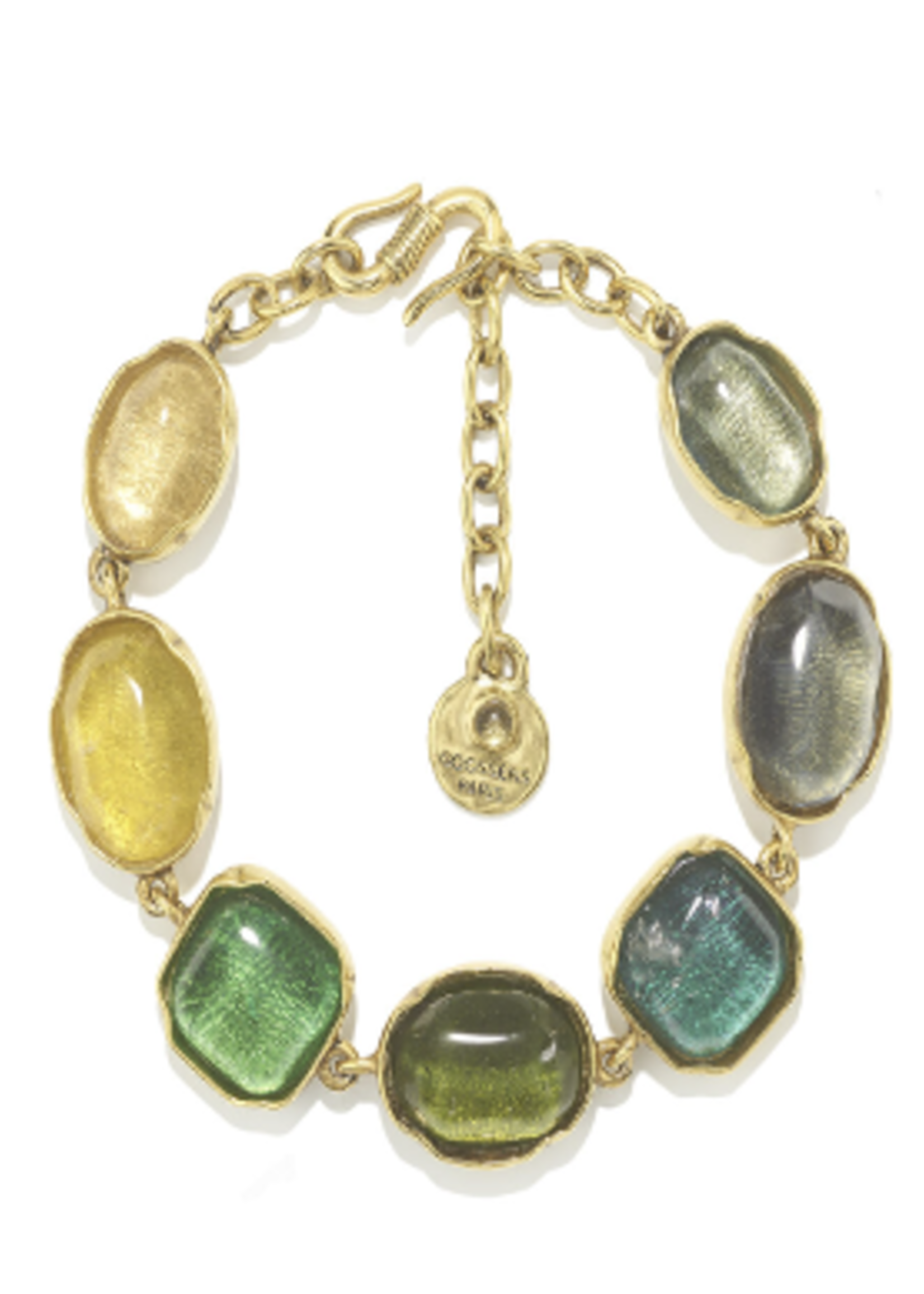Goossens Goossens Bracelet, Multi, Gold Pleated Brass Cabochons Crystal Rock Bracelet in Green Rainbow