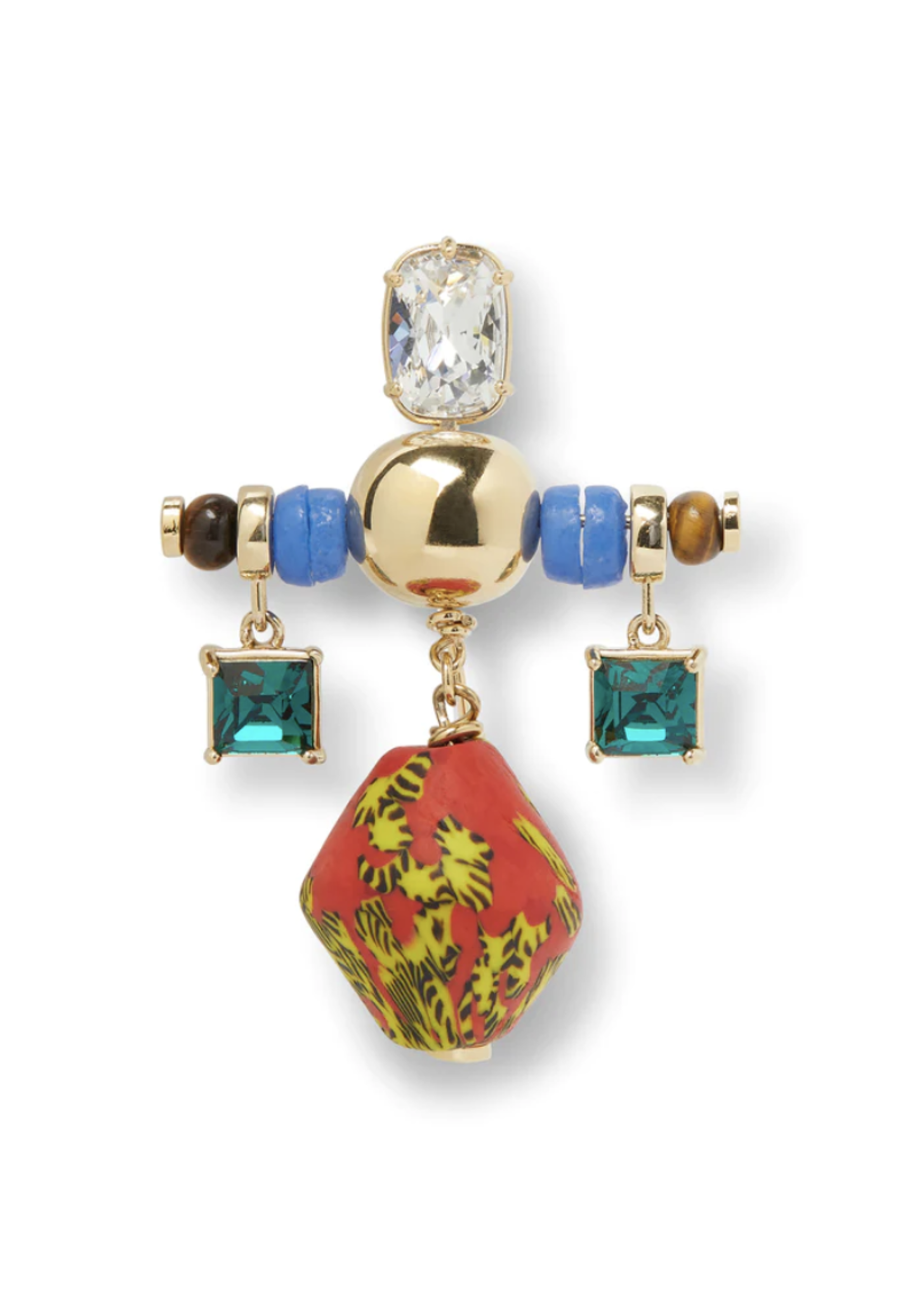 Wales Bonner Wales Bonner Brooch, Multi, Compass Gold Pleated Hand Painted Cross Brooch In Red & Yellow w/ Tiger Eye & Emerald Swarovski