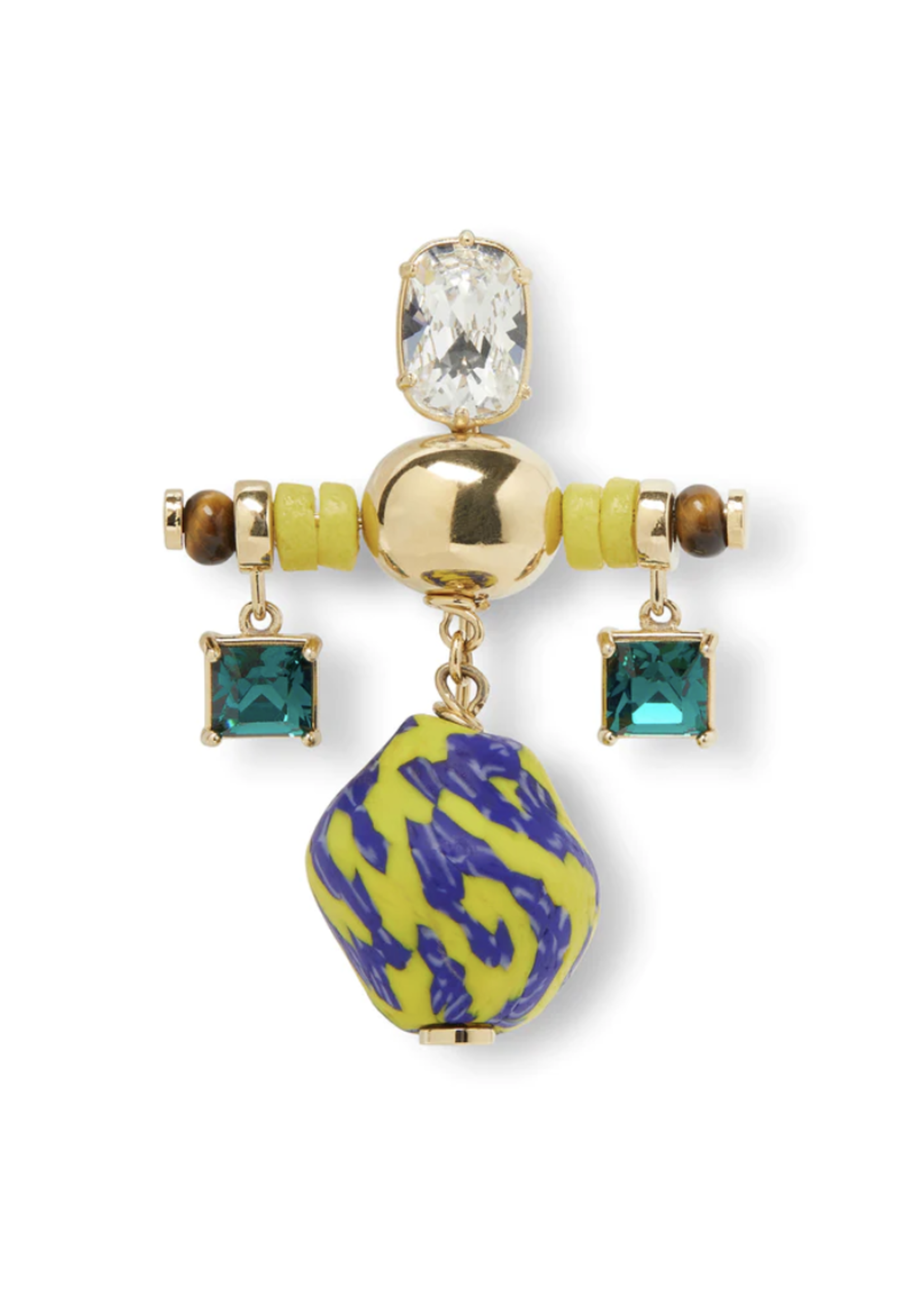 Wales Bonner Wales Bonner Brooch, Multi, Compass Gold Pleated Hand Painted Cross Brooch In Yellow & Blue w/ Tiger Eye & Emerald Swarovski