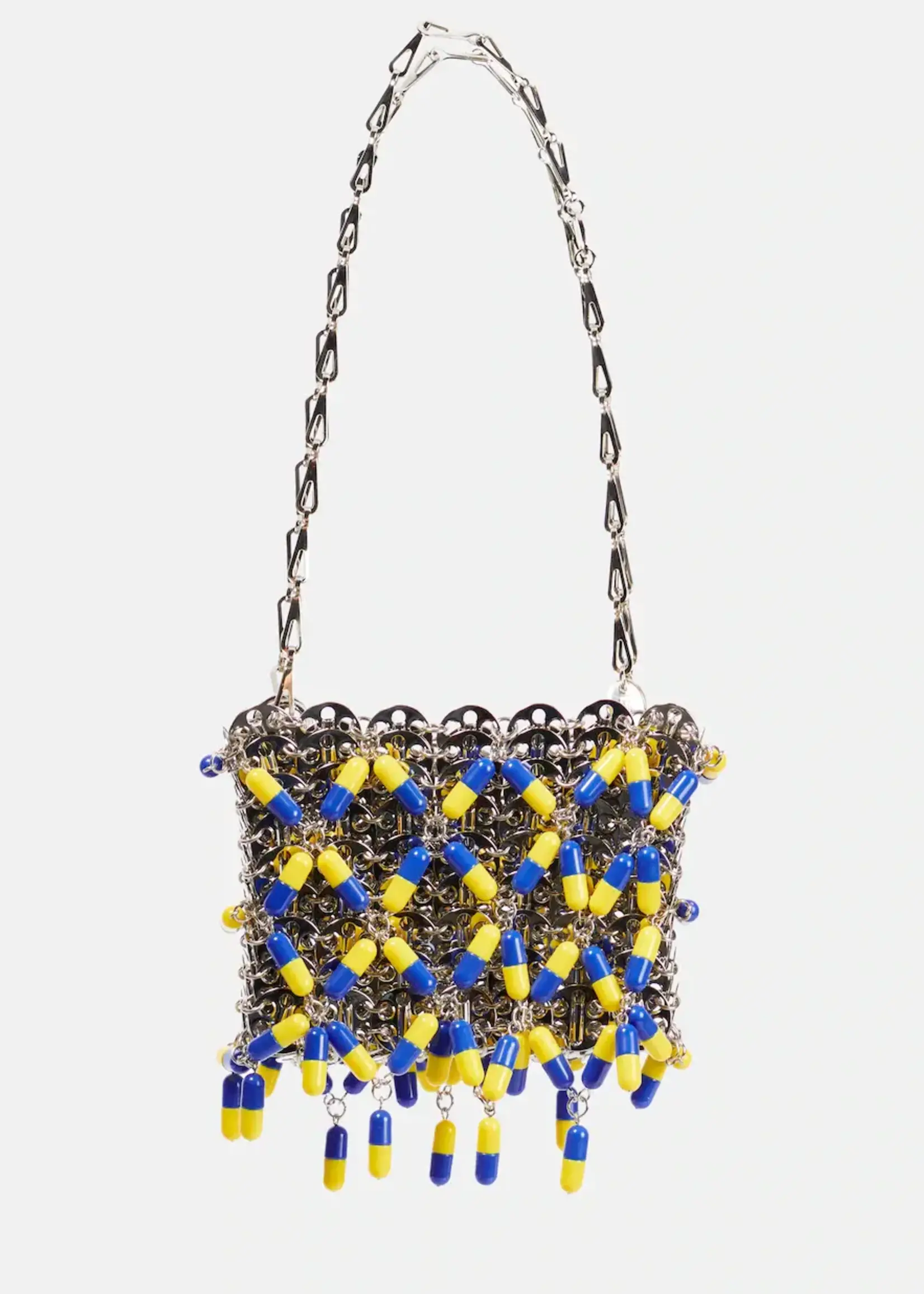 Rabanne Paco Rabanne Bag, Multi, Metal Disc 1969 Nano Shoulder Bag In Silver w/ Blue & Yellow Steel Pills Mesh
