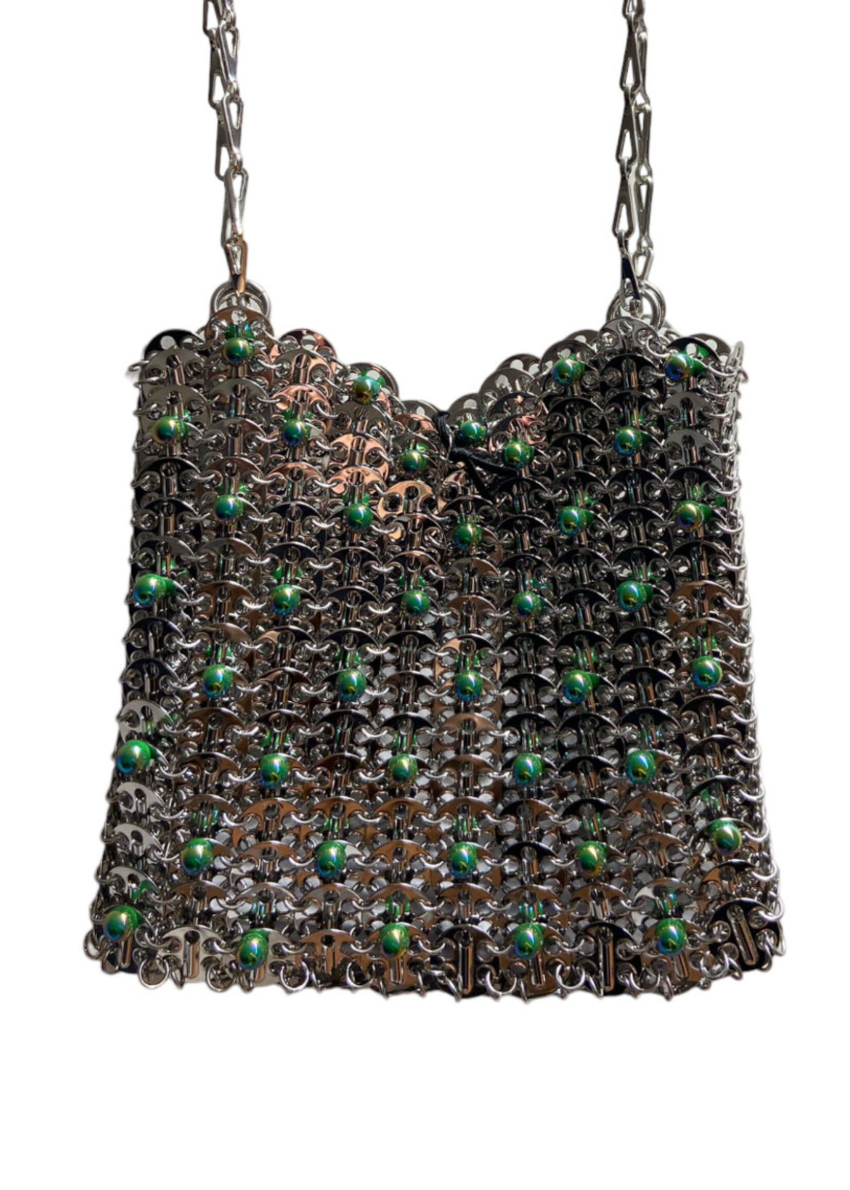 Rabanne Paco Rabanne Bag, Multi, Metal Disc 1969 Rivets Shoulder Bag In Silver w/ Green Metallic Pearls