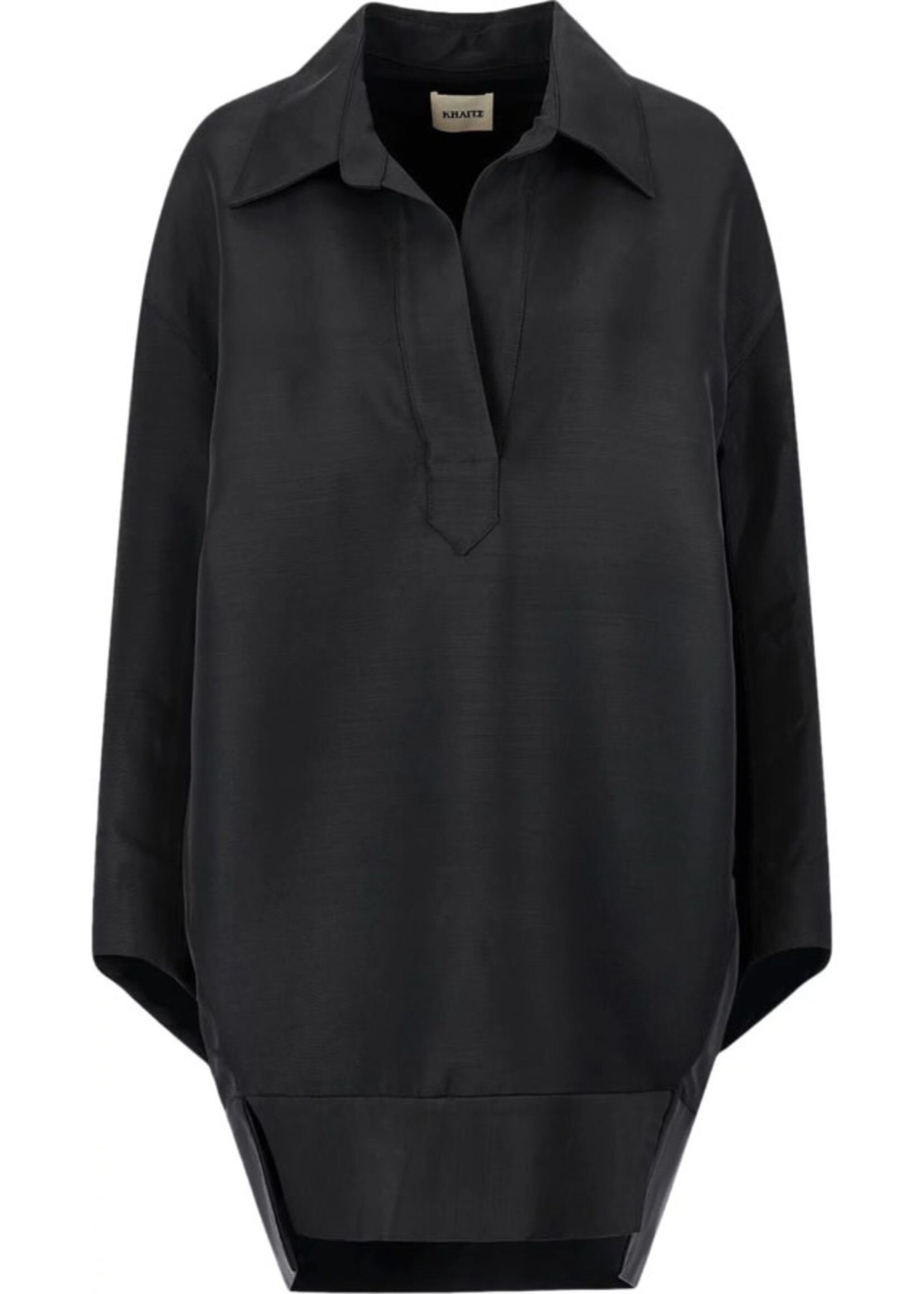Khaite Khaite Dress, Black, Kal Wool Mix Relaxed Fit Collared V-Neck Shirt Asymmetric Mini Dress