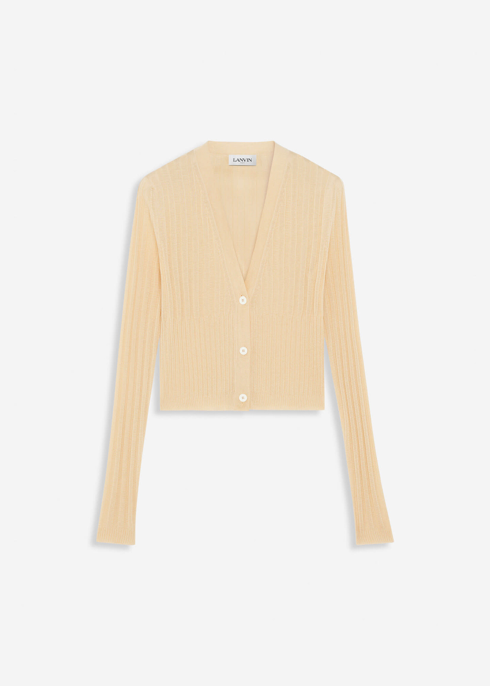 Lanvin Lanvin Knitwear, Beige, Cotton & Silk V-Neck Long Sleeve Lightweight Ribbed Cardigan In Sand