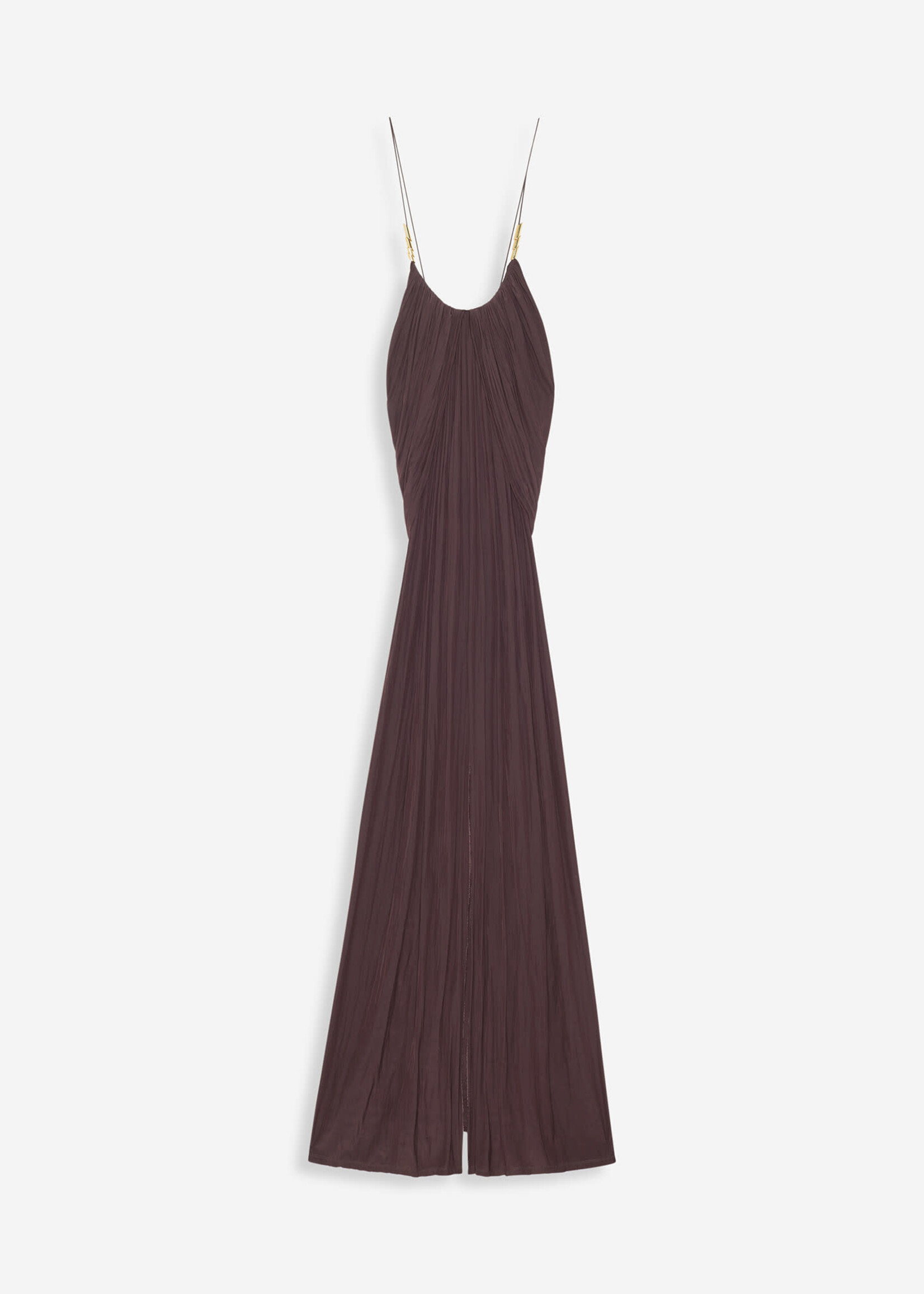 Lanvin Lanvin Dress, Brown, Sleeveless Open Cross Back Strap Long Draped Dress In Cocoa w/ Front Slit
