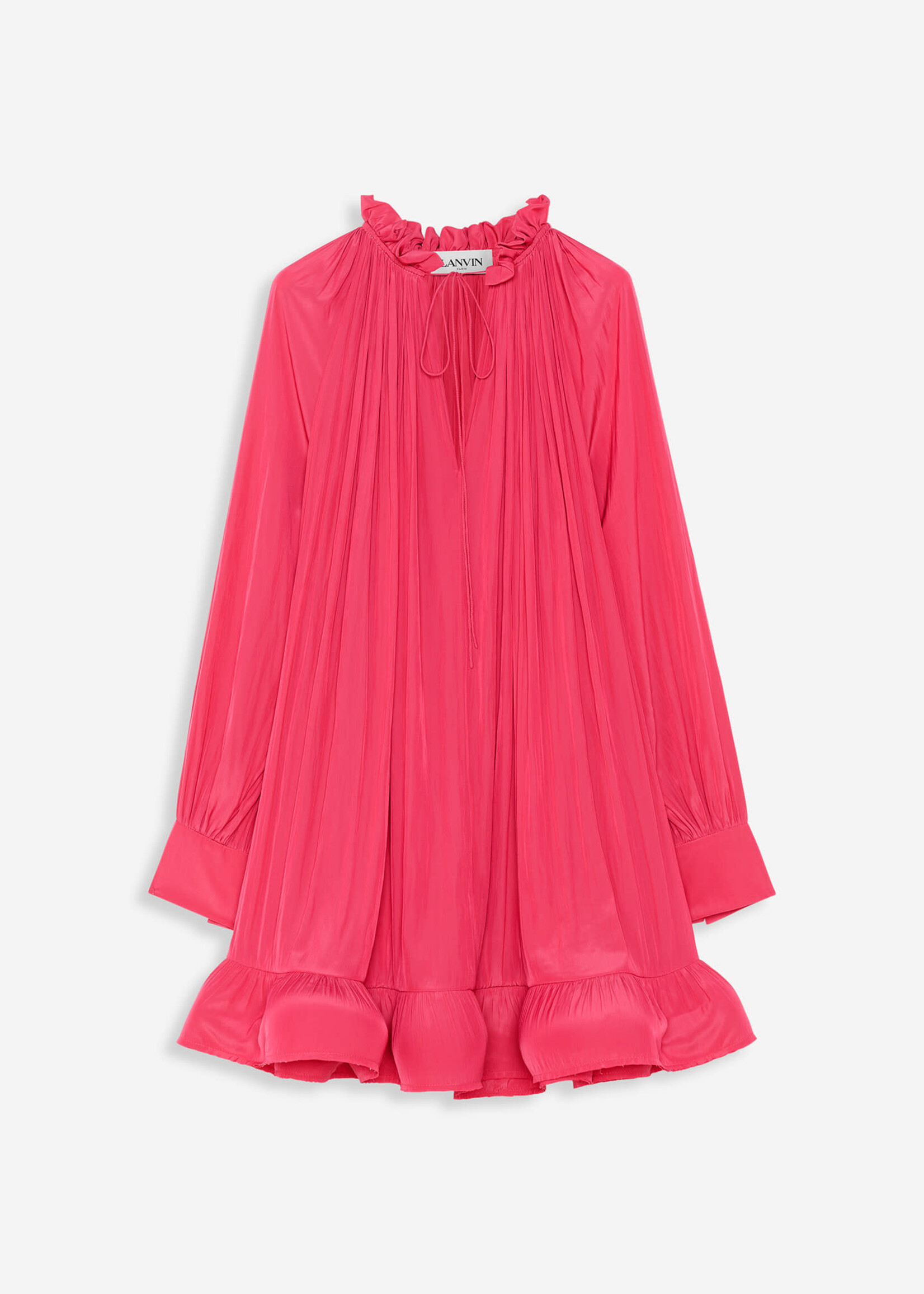 Lanvin Lanvin Dress, Pink, High Neck Long Sleeve Short Dress in Watermelon w/ Ruffles