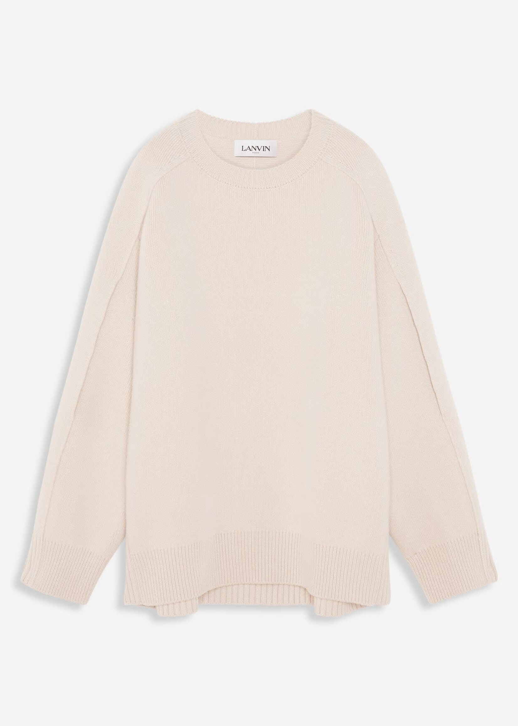 Lanvin Lanvin Knitwear, Beige, Wool & Cashmere Round Neck Cocoon Cape Jumper In Paper w/ Open Elbow Sleeves