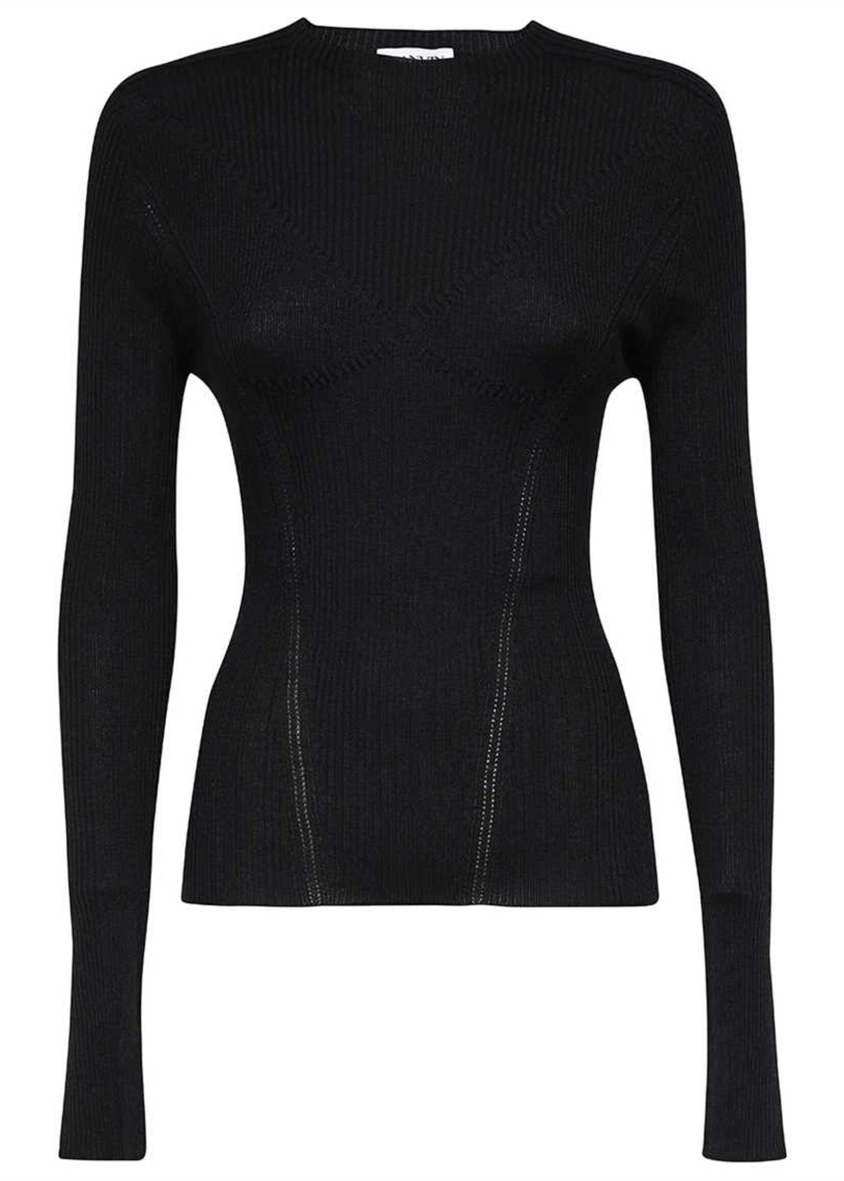 Lanvin Lanvin Top, Black, Silk, Wool & Cashmere Round Neck Long Sleeve Lightweight Ribbed Knit Top