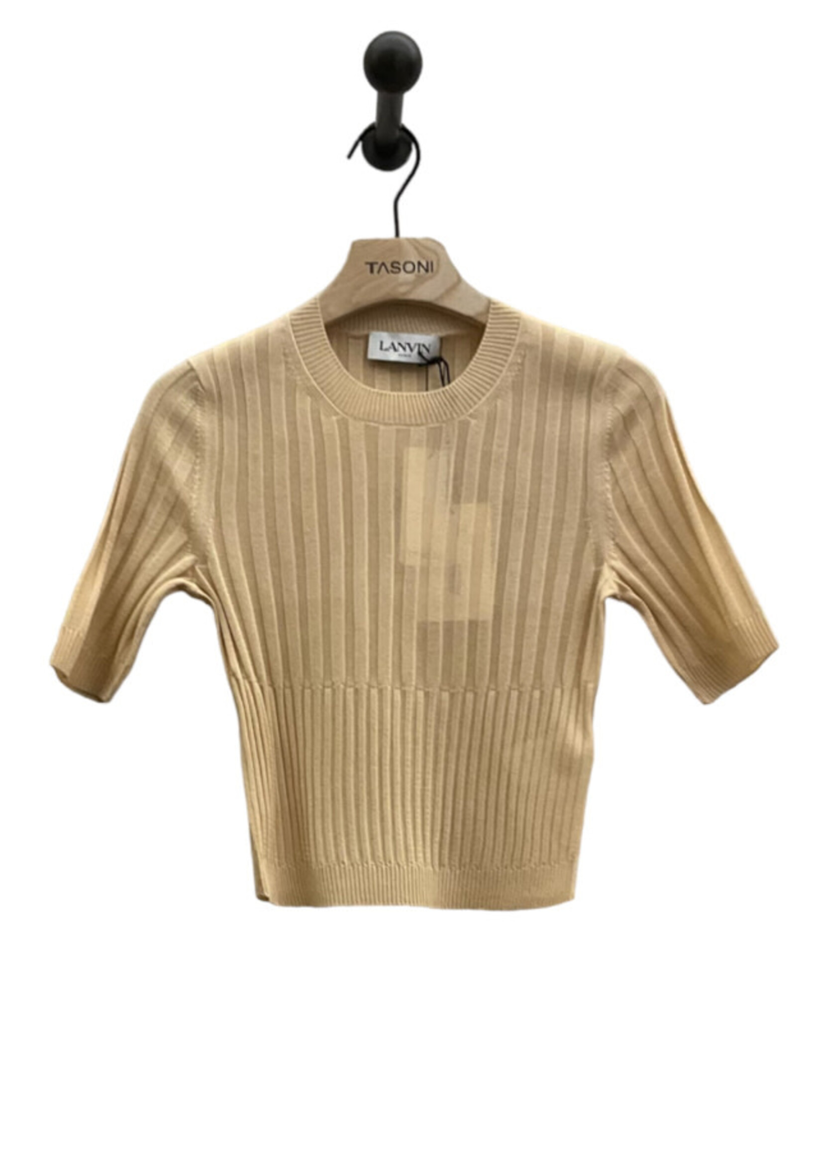 Lanvin Lanvin T-Shirt, Beige, Cotton & Silk Round Neck Short Sleeve Knit Ribbed Top In Sand