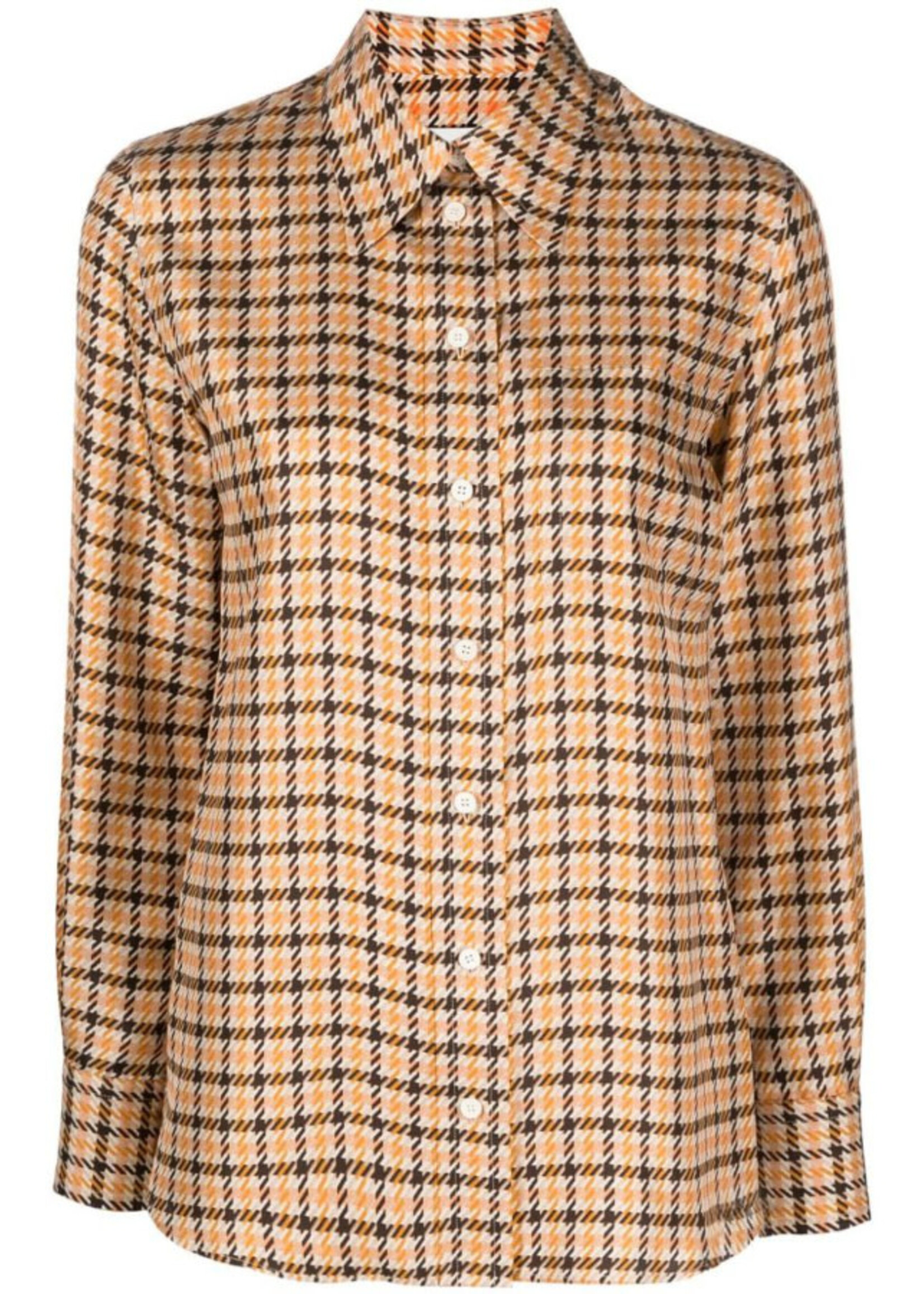 Lanvin Lanvin Shirt, Print, Silk Long Sleeve Regular Fit Houndstooth Shirt In Brown & Orange