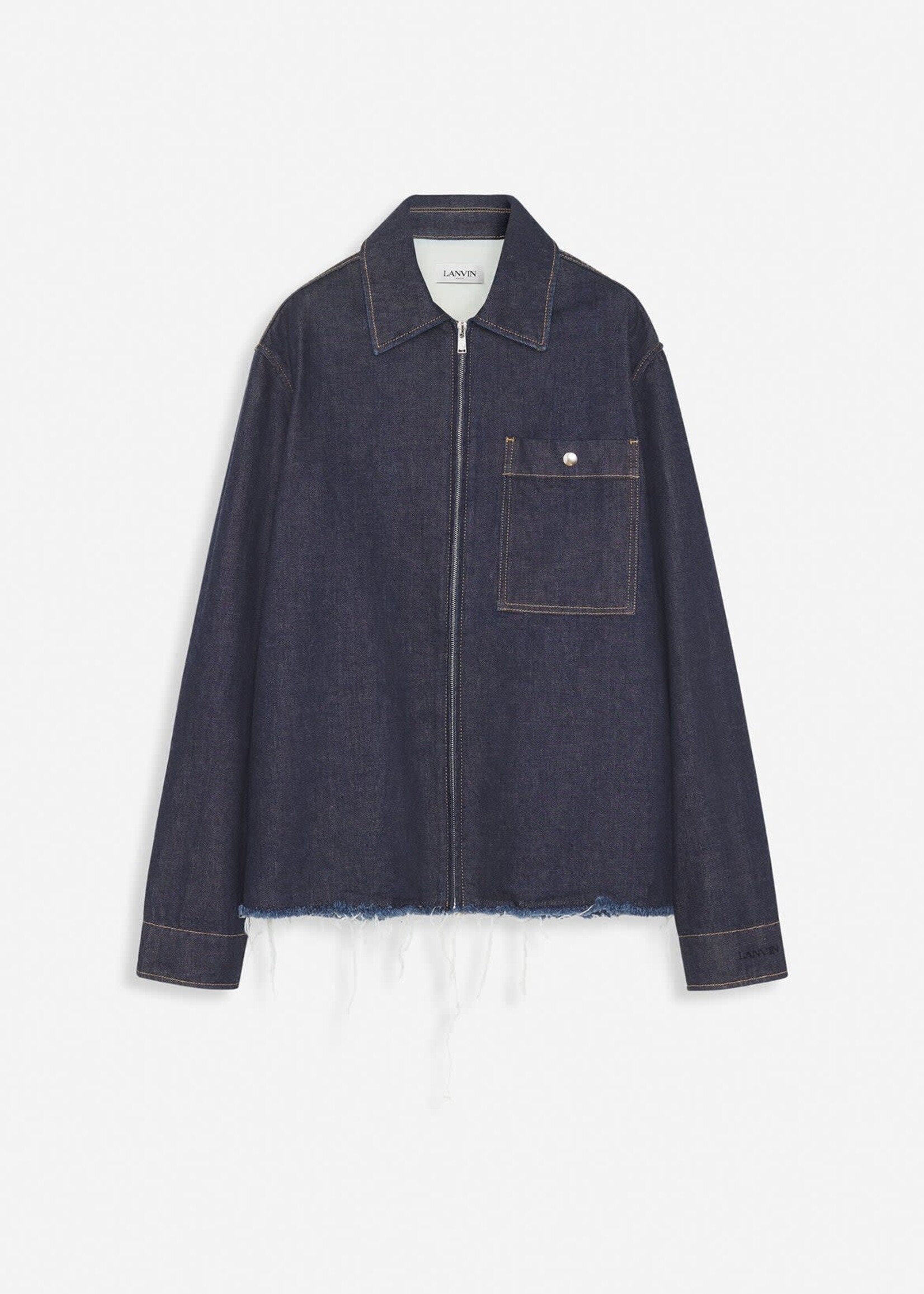 Lanvin Lanvin Shirt, Navy, Cotton Denim Collared Zip Up Overshirt In Navy Blue w/ Chest Pocket