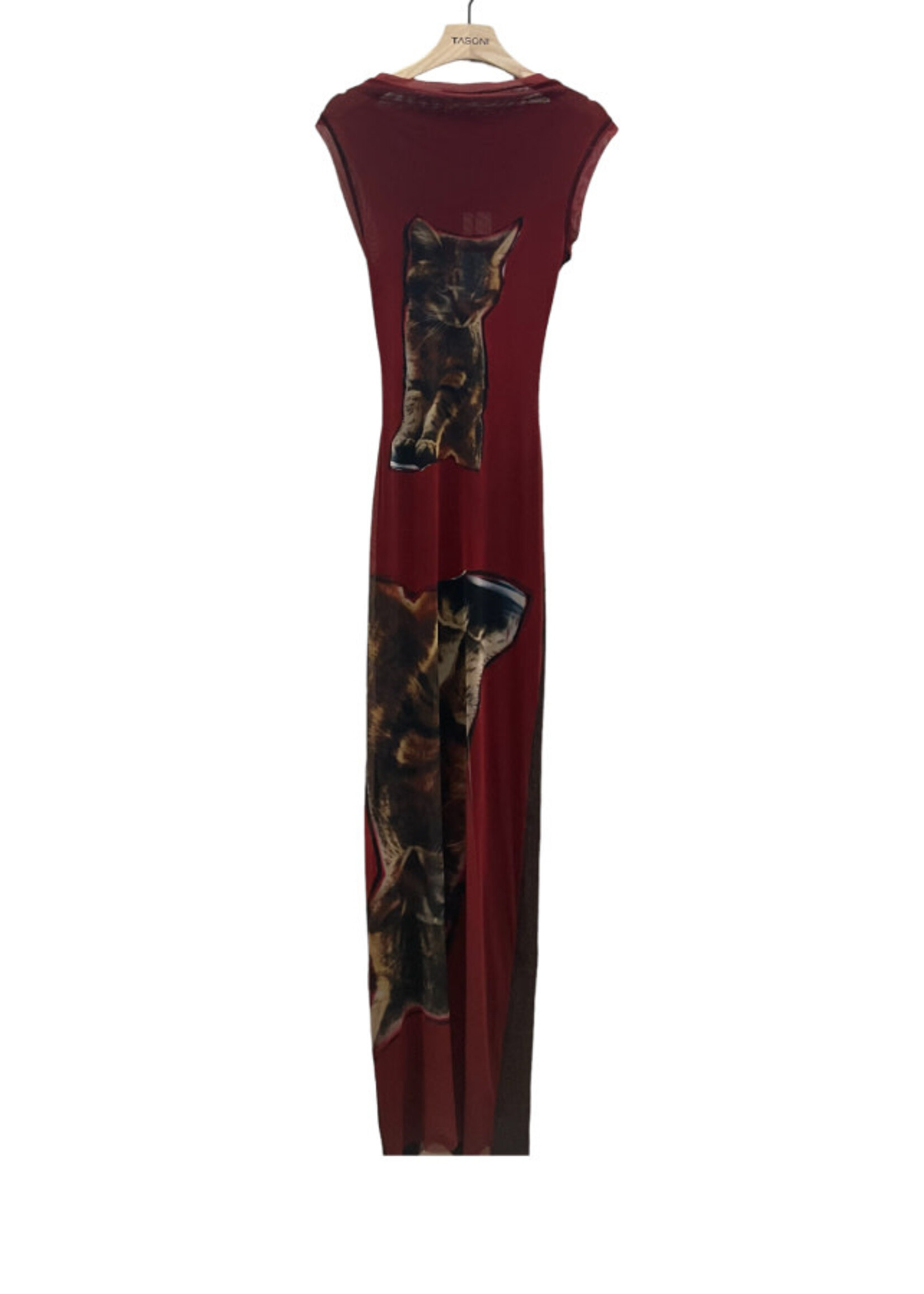 Ottolinger Ottolinger Dress, Print, Mesh Cowl Crew Neck Sleeveless Maxi Dress In Red w/ Tobias Spichtig Cat Print