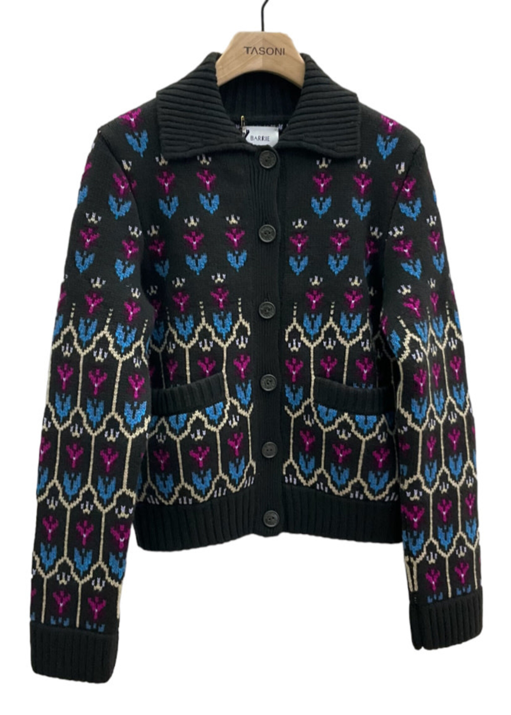 Barrie Barrie Knitwear, Multi, Cashmere Collared Round Neck Button Up Cardigan In Assam & Multicolour w/ Geometric Flower