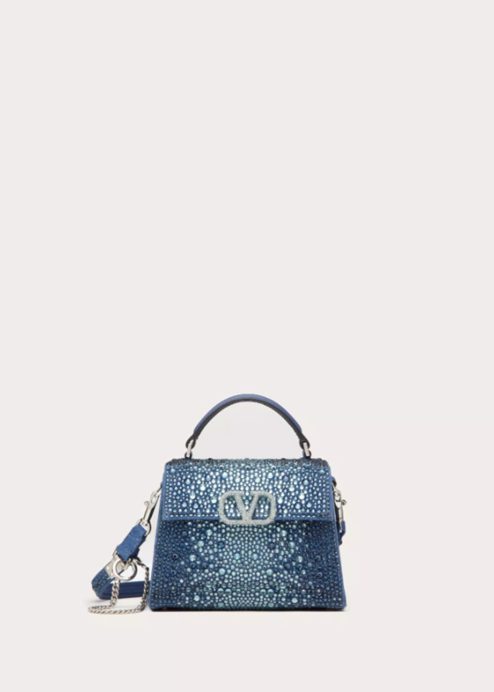 Valentino Valentino Bag, Multi, Mini Vsling Top Handle Magnetic Closure Denim Hand Bag w/ Rhinestones