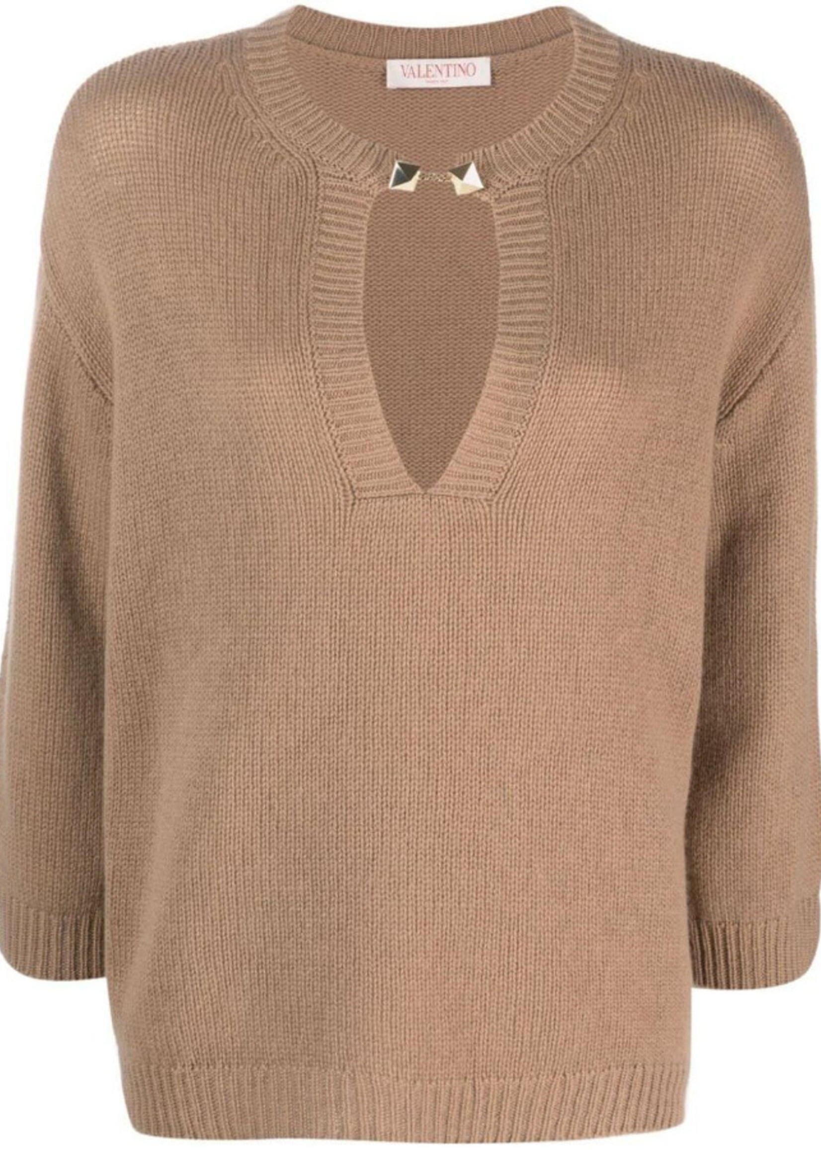 Valentino Valentino Knitwear, Beige, Cashmere V-Neck Studs Knitwear in Camel