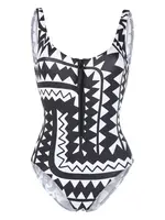 Eres Eres Swimwear, Print, Tipi Round Neck One Piece Swimsuit in Black & White w/ Imprime Tribu Print & Front Zip