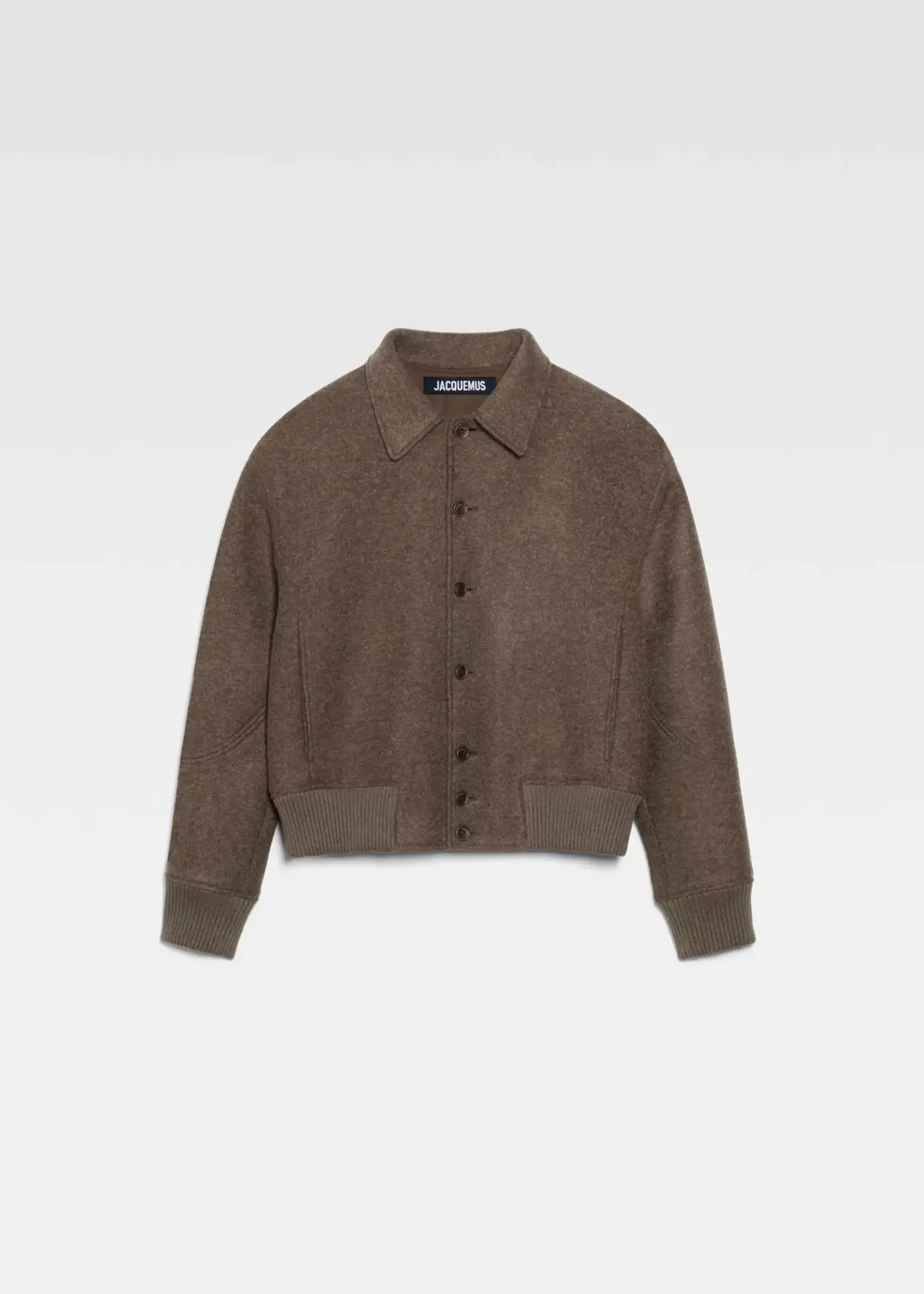 Jacquemus Jacquemus Jacket, Brown, Le Bomber Feltro Straight Fit Collared Button Up In Dark Brown w/ Side Pockets