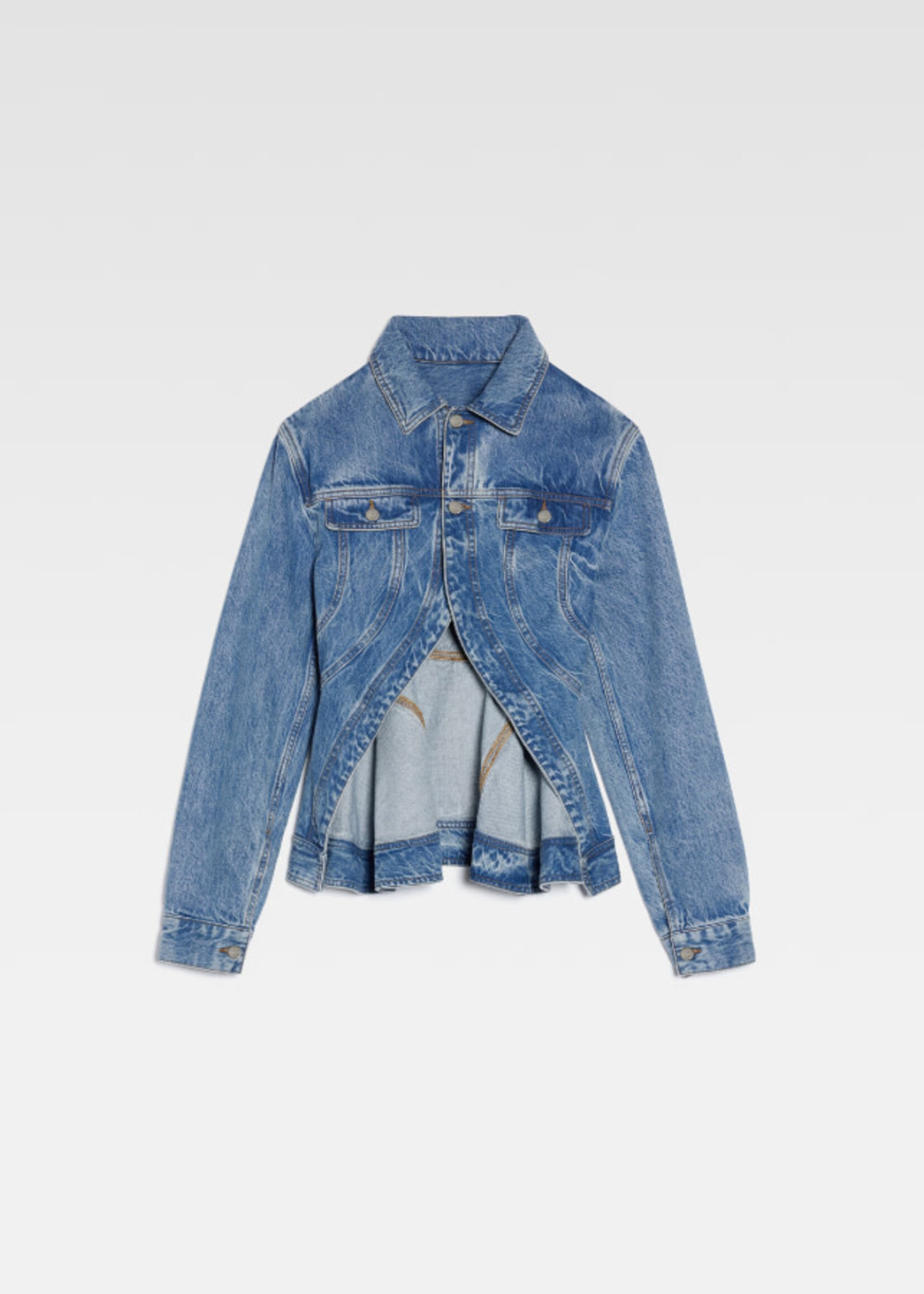Jacquemus Jacquemus Jacket, Blue, La Veste De Nimes Caraco Collared Button Up Peplum Denim Jacket In Light Blue & Tabac w/ Rounded Open Front