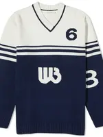 Wales Bonner Wales Bonner Knitwear, Multi, Motif Wool Intarsia Oversized V-Neck Knitted Jumper In Ivory And Navy
