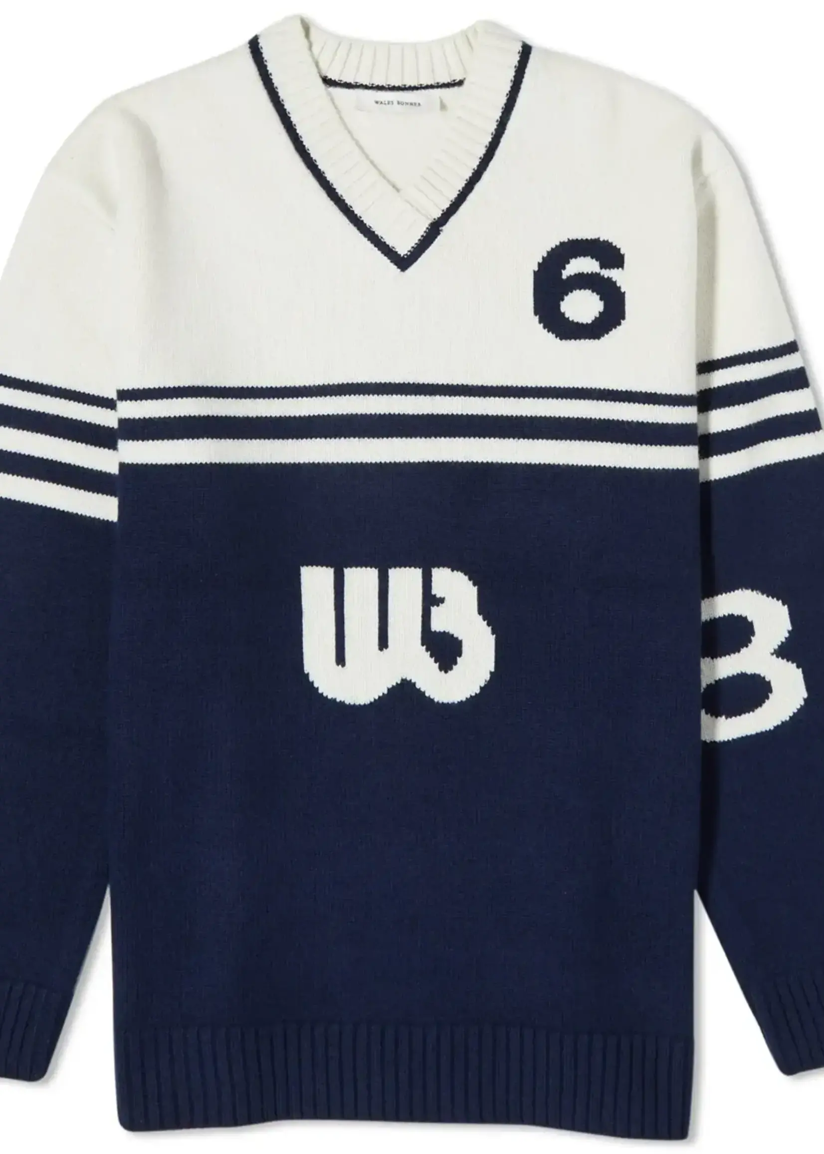 Wales Bonner Wales Bonner Knitwear, Multi, Motif Wool Intarsia Oversized V-Neck Knitted Jumper In Ivory And Navy