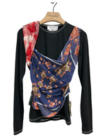Marine Serre Marine Serre Top, Print, Print, Silk Regenerated Scarves Crew Neck Long Sleeve Draped Top in Black & Multicolour