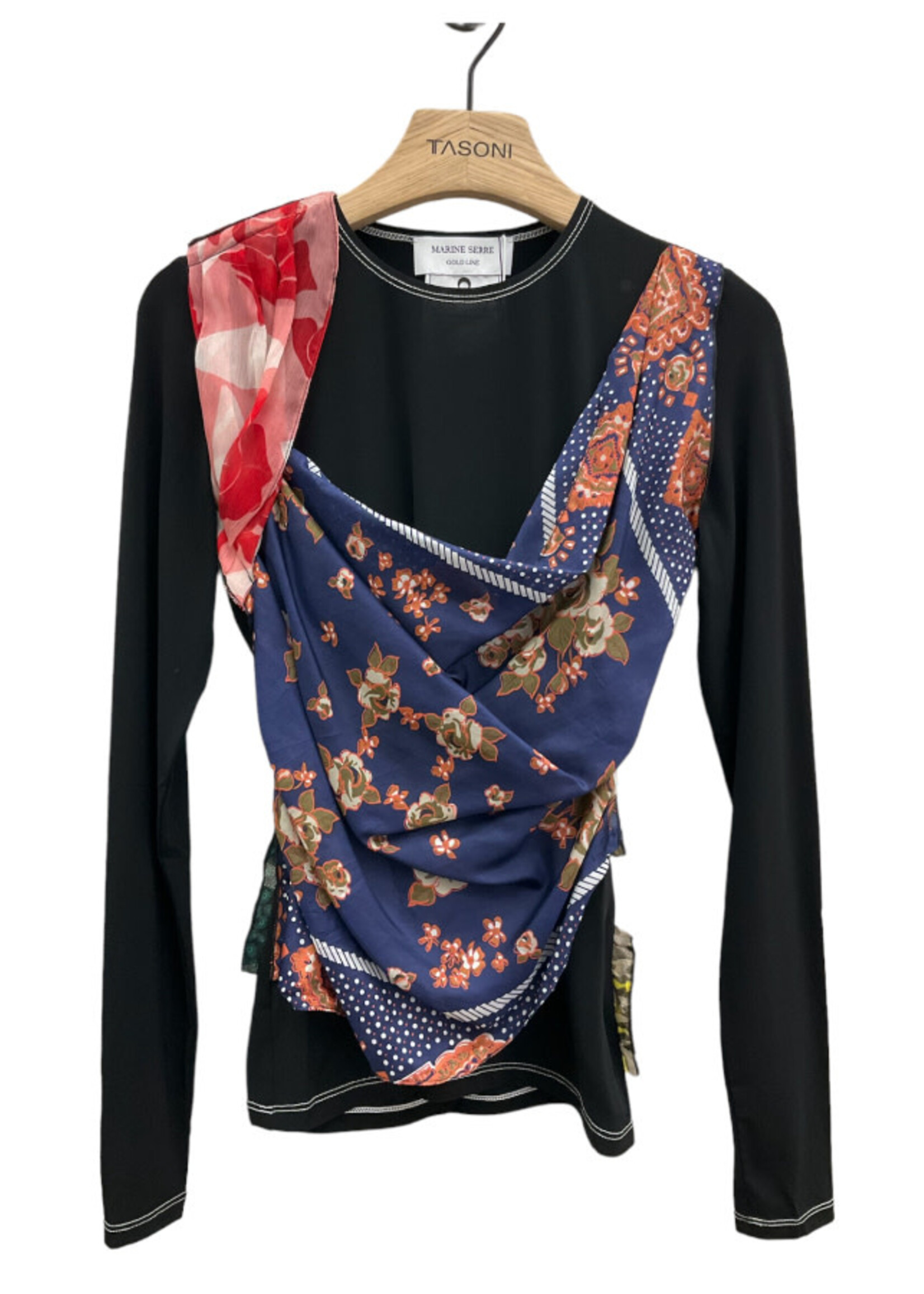 Marine Serre Marine Serre Top, Print, Print, Silk Regenerated Scarves Crew Neck Long Sleeve Draped Top in Black & Multicolour