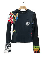 Marine Serre Marine Serre T-Shirt, Print, Regenerated Cotton Crew Neck Long Sleeve Graphic T-Shirt in Black & Multicolour w/ Patchwork