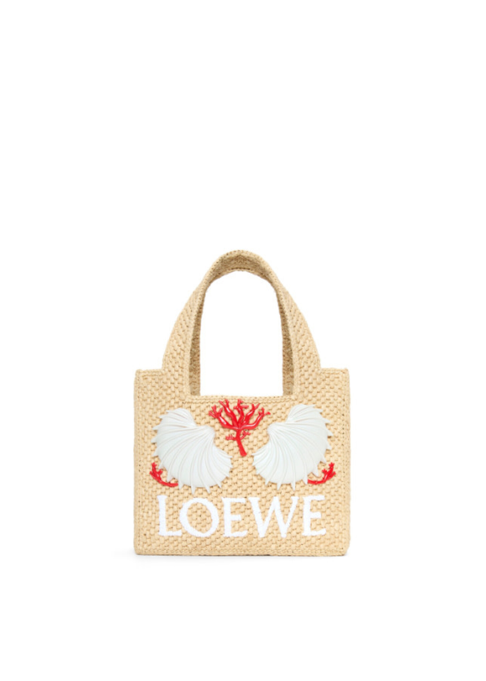Loewe Loewe Bag, Beige, Maruja Mallo Font Tote Mini Raphia Top Handle Bag in Natural w/ Resin Shells & Embroidery