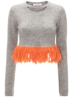J.W. Anderson J.W. Anderson Knitwear, Grey, Wool Crew Neck Cropped Jumper In Light Grey Melange w/ Cut Out Detail & Orange Fringes
