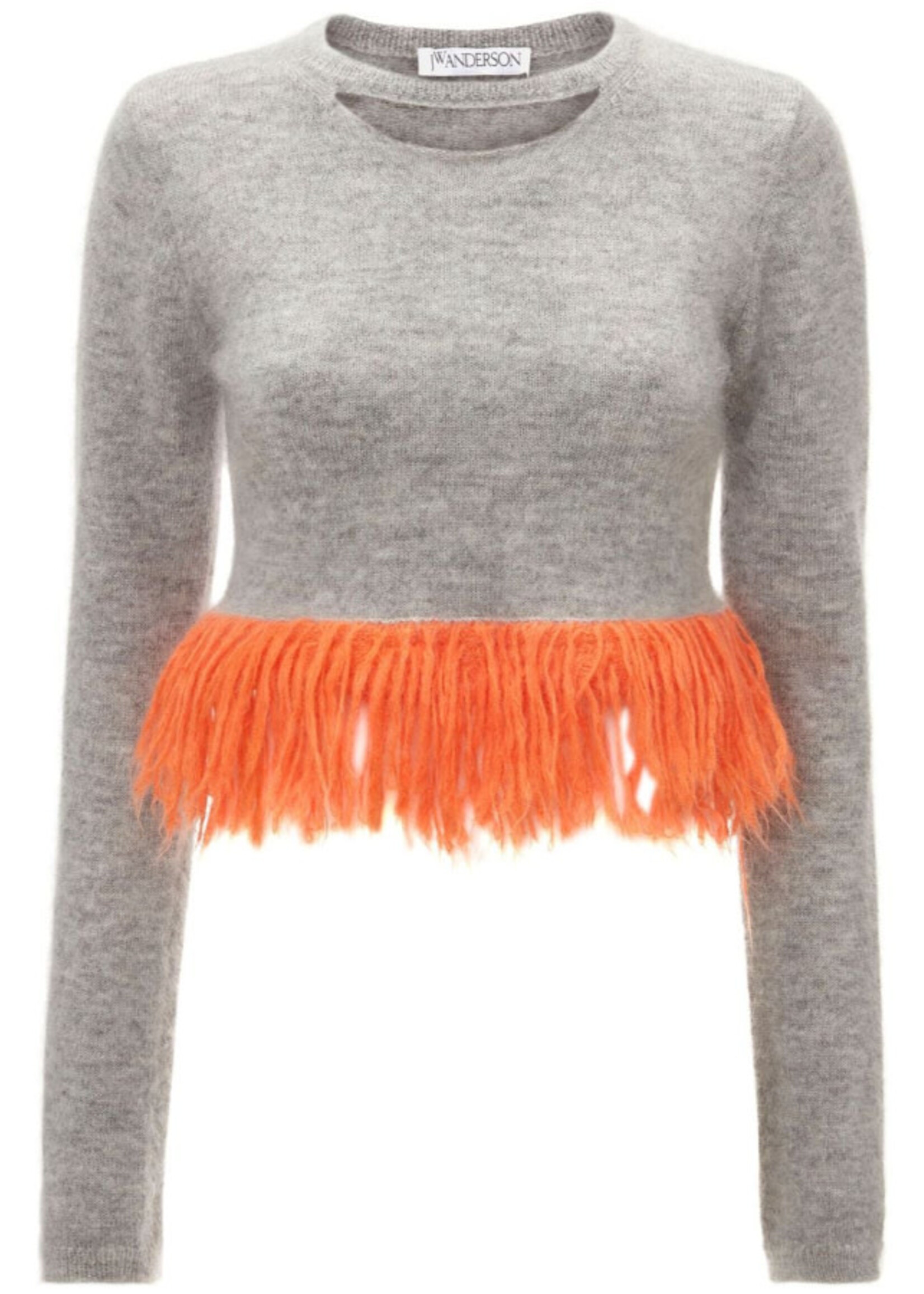 J.W. Anderson J.W. Anderson Knitwear, Grey, Wool Crew Neck Cropped Jumper In Light Grey Melange w/ Cut Out Detail & Orange Fringes