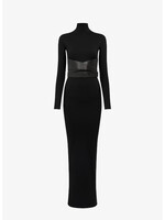 Alaia Alaia Dress, Black, Jersey Turtle Neck Long Slim Fit Dress w/ Cross Over Leather Waist Belt