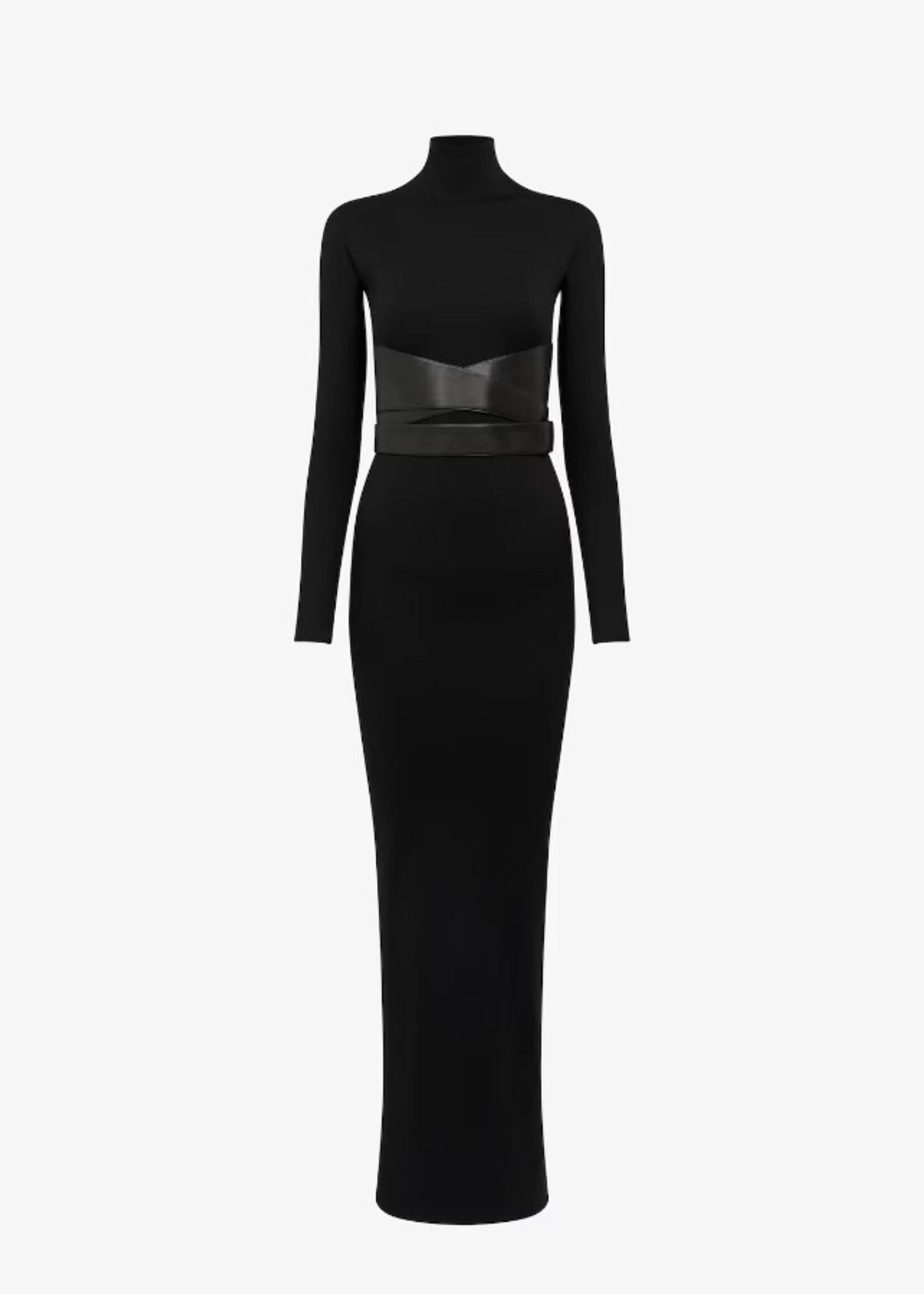 Alaia Alaia Dress, Black, Jersey Turtle Neck Long Slim Fit Dress w/ Cross Over Leather Waist Belt