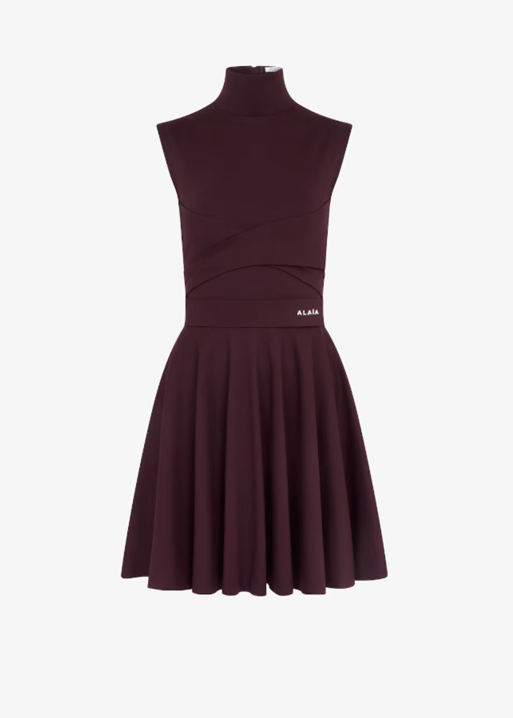 Alaia Alaia Dress, Purple, Jersey Turtle Neck Stretch Sculpting Skater Dress in Burgundy w/ Twisted Waist & Velcro Fastening