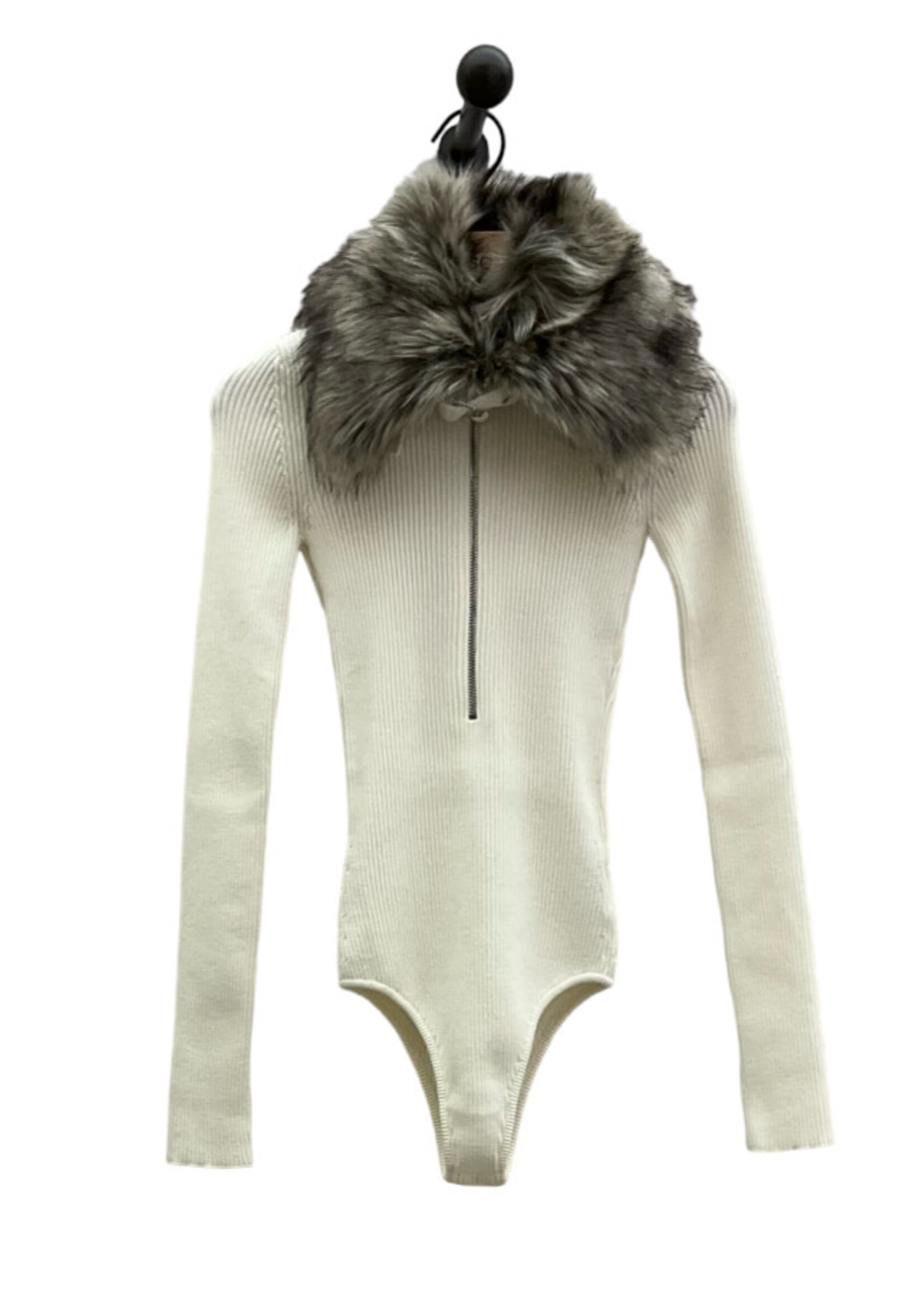 Coperni Coperni Top, White, Wool High Neck Long Sleeve Zipped Bodysuit In White w/ Fauy Shearling Collar