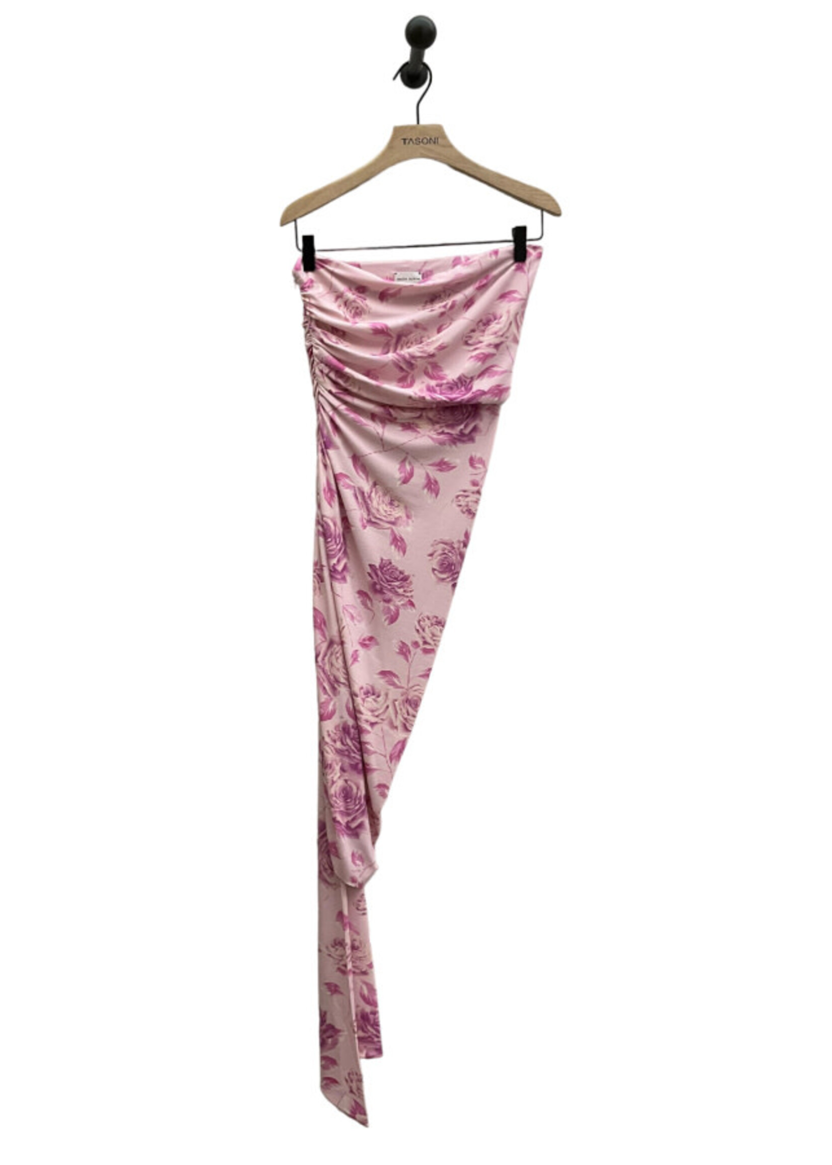 Magda Butrym Magda Butrym Dress, Print, Sleeveless Asymmetric Ruffle Midi Dress in Pink w/ Rose Print & Tail