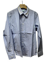 3.Paradis 3.Paradis Shirt, Multi, Cotton Collared Button Up Striped Shirt In White & Blue w/ Branches Embroidery