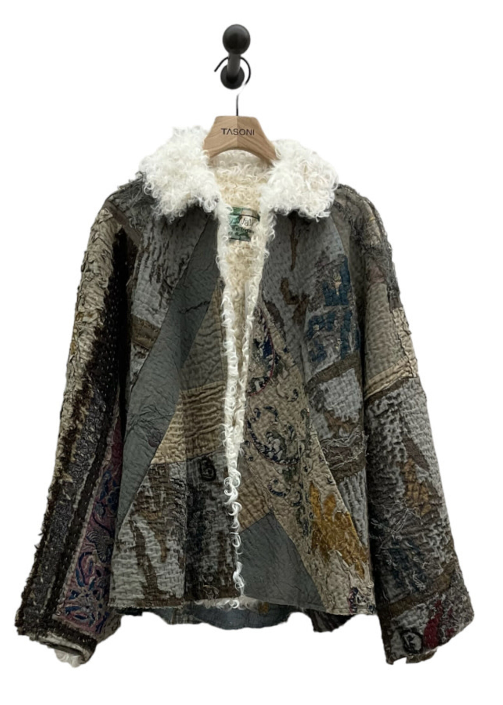 By Walid By Walid Jacket, Multi, Judy Silk & Shearling Chinese Panel Open Jacket in Dark