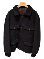 Etro Etro Jacket, Blue, Wool Collared Button Up Sportswear Jacket in Navy Blue w/ Chest Pockets & Knitted Inserts