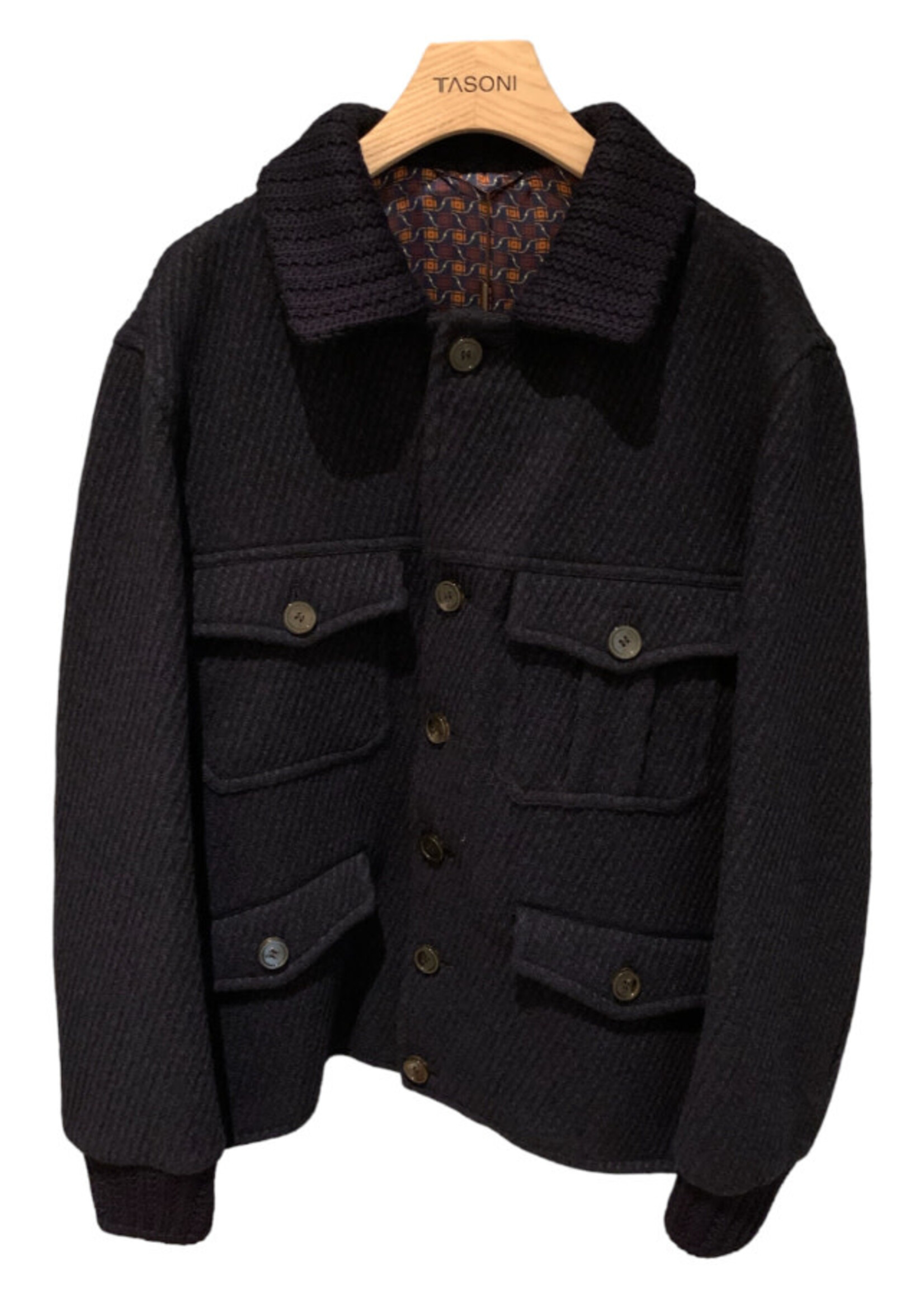 Etro Etro Jacket, Blue, Wool Collared Button Up Sportswear Jacket in Navy Blue w/ Chest Pockets & Knitted Inserts