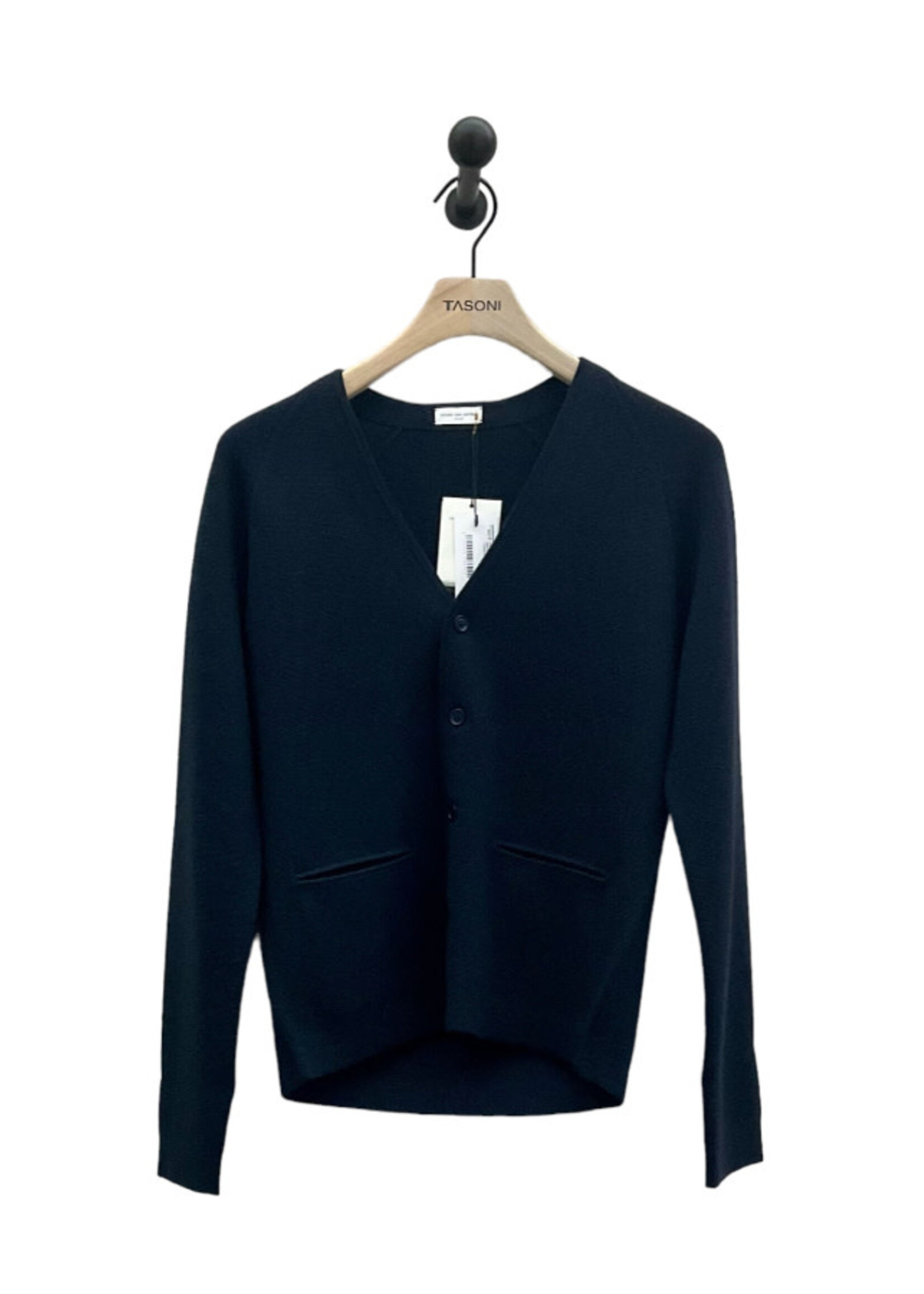Dries Van Noten Dries Van Noten Knitwear, Navy, Muaz Merino Wool V-Neck Button Up Cardigan w/ Front Pockets