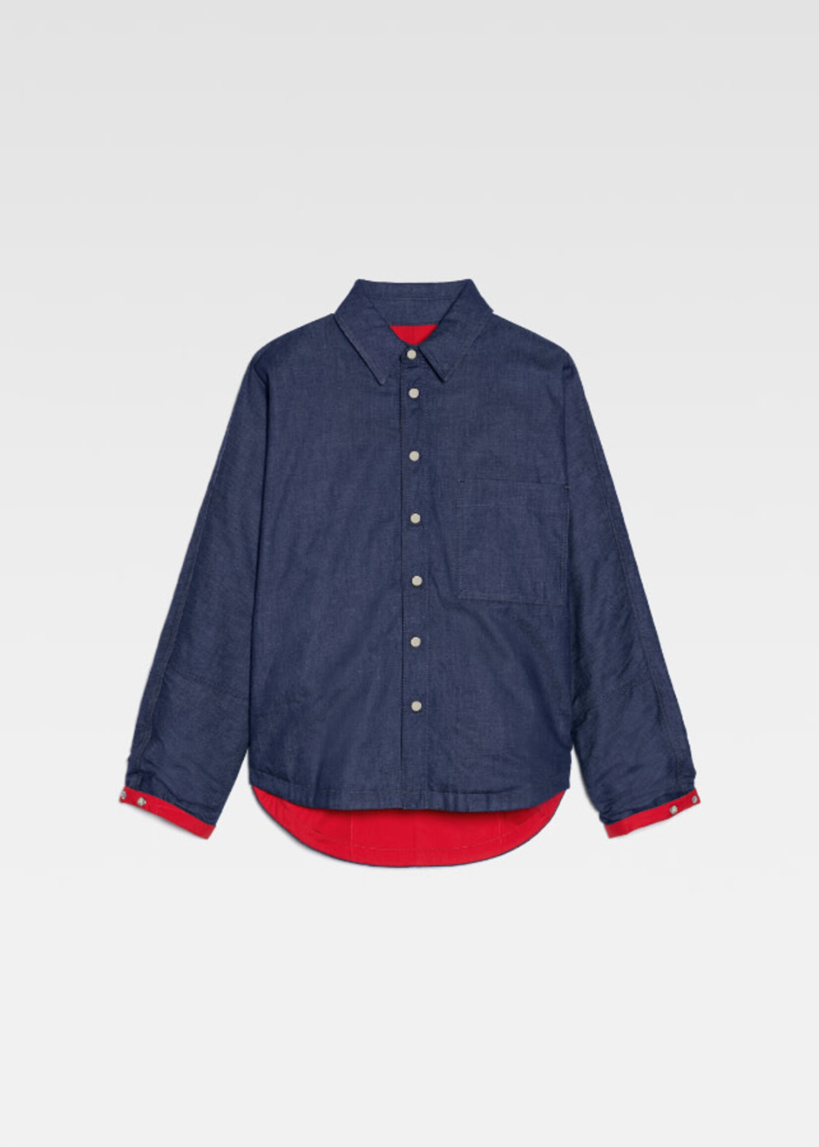 Jacquemus Jacquemus Jacket, Navy, La Surchemise De-Nimes Loose Fit Padded Denim Overshirt in Navy & Brown w/ Quilted Red Interior